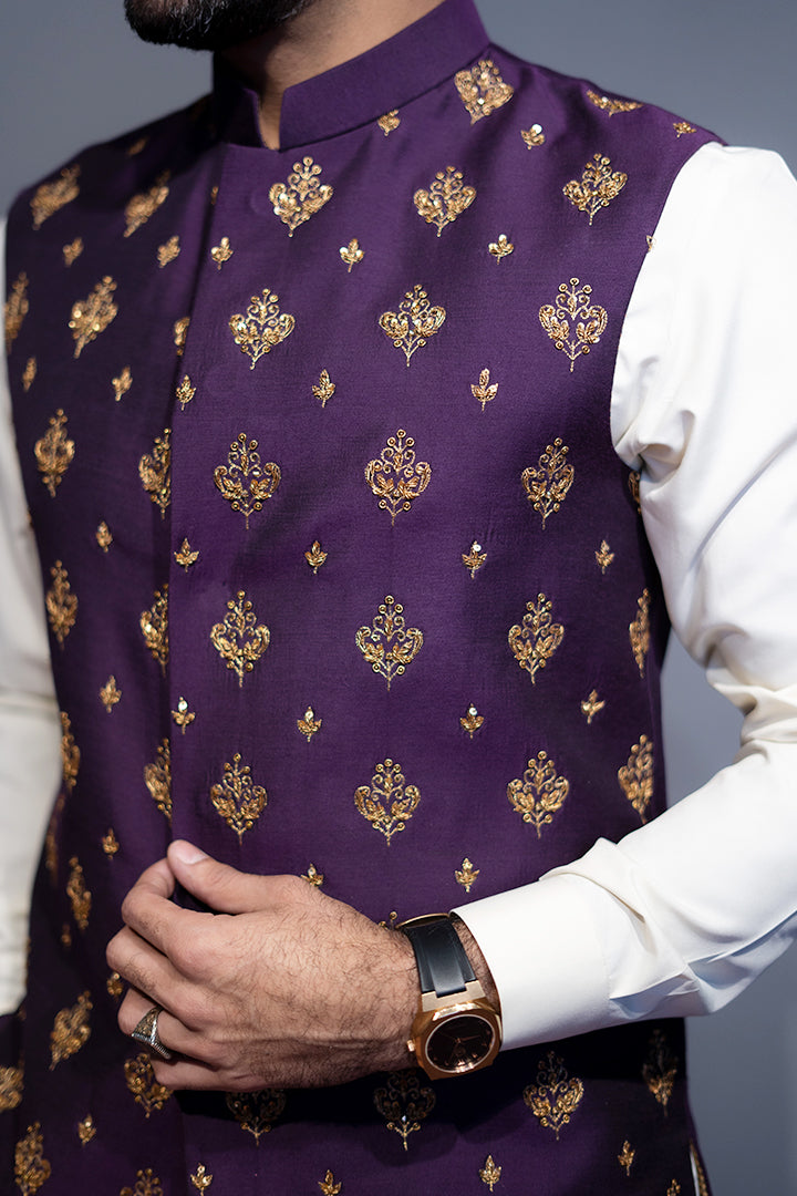 Purple Gold Motif Cotton Silk Waistcoat (3-Piece) - Image 3