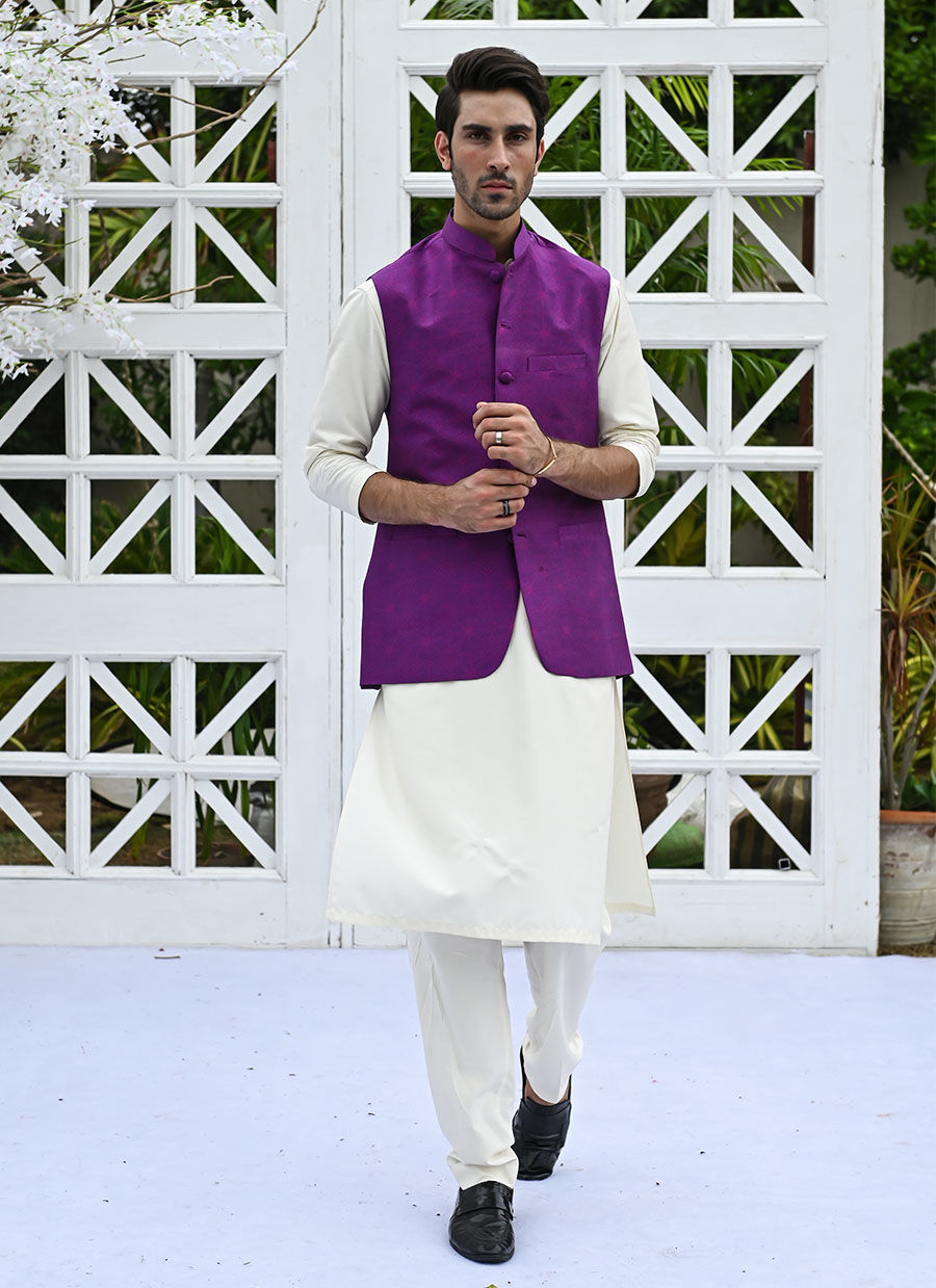 Purple Printed Raw Silk Waistcoat Kurta Pajama (3-Piece) - Image 1