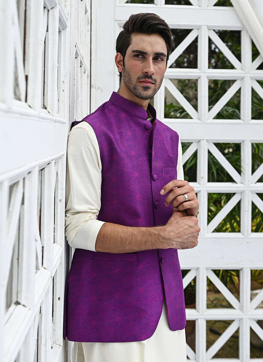 Purple Printed Raw Silk Waistcoat Kurta Pajama (3-Piece) - Image 2