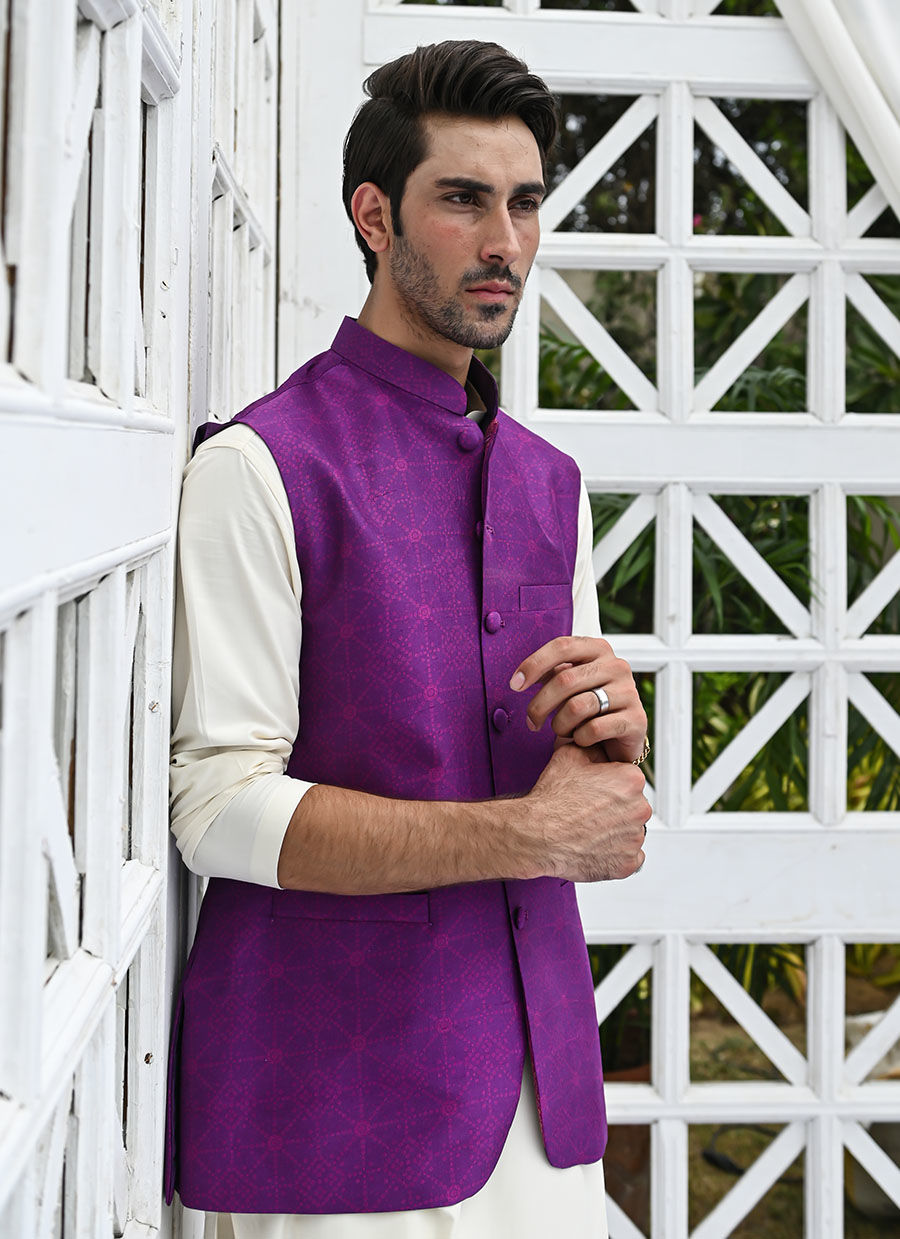 Purple Printed Raw Silk Waistcoat Kurta Pajama (3-Piece) - Image 3