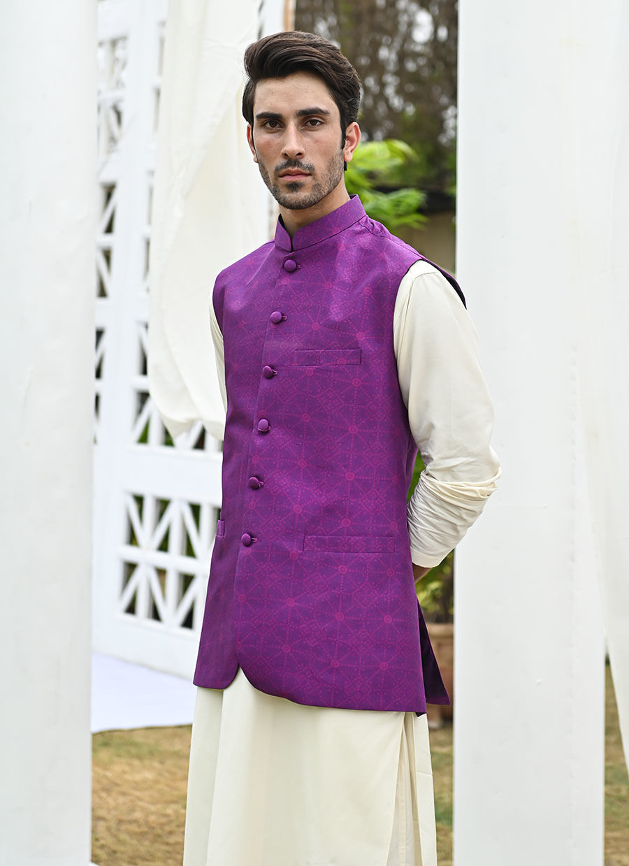 Purple Printed Raw Silk Waistcoat Kurta Pajama (3-Piece) - Image 4