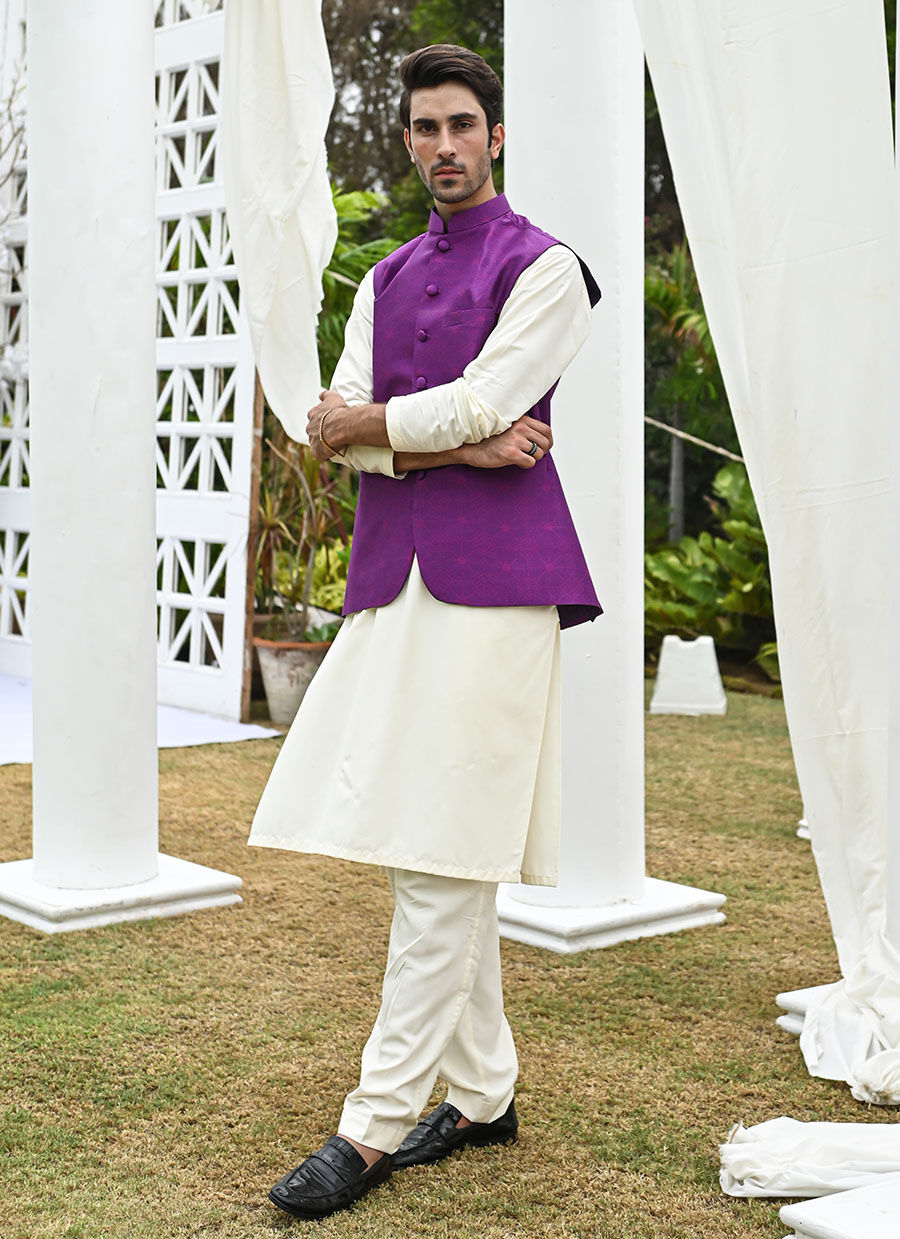 Purple Printed Raw Silk Waistcoat Kurta Pajama (3-Piece) - Image 5