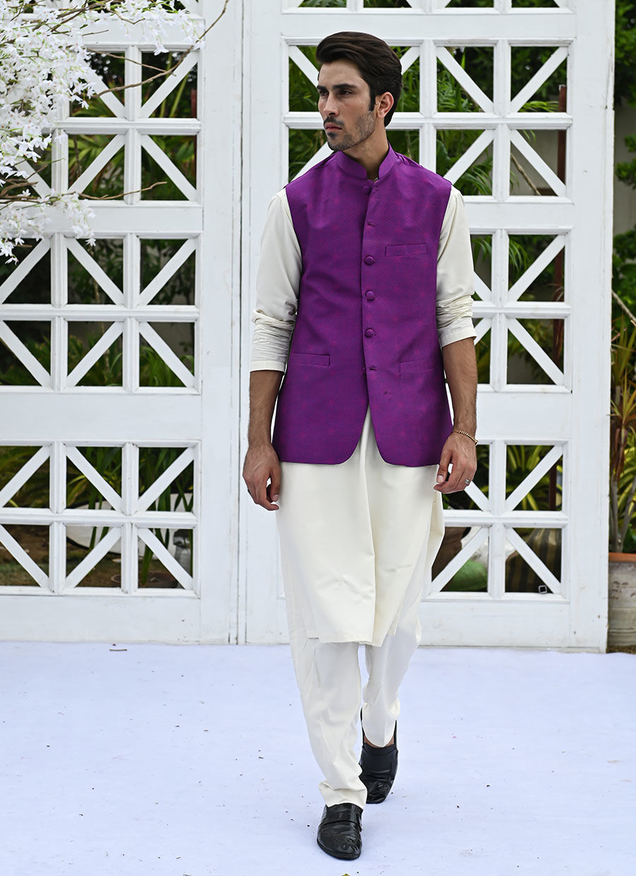 Purple Printed Raw Silk Waistcoat Kurta Pajama (3-Piece) - Image 6