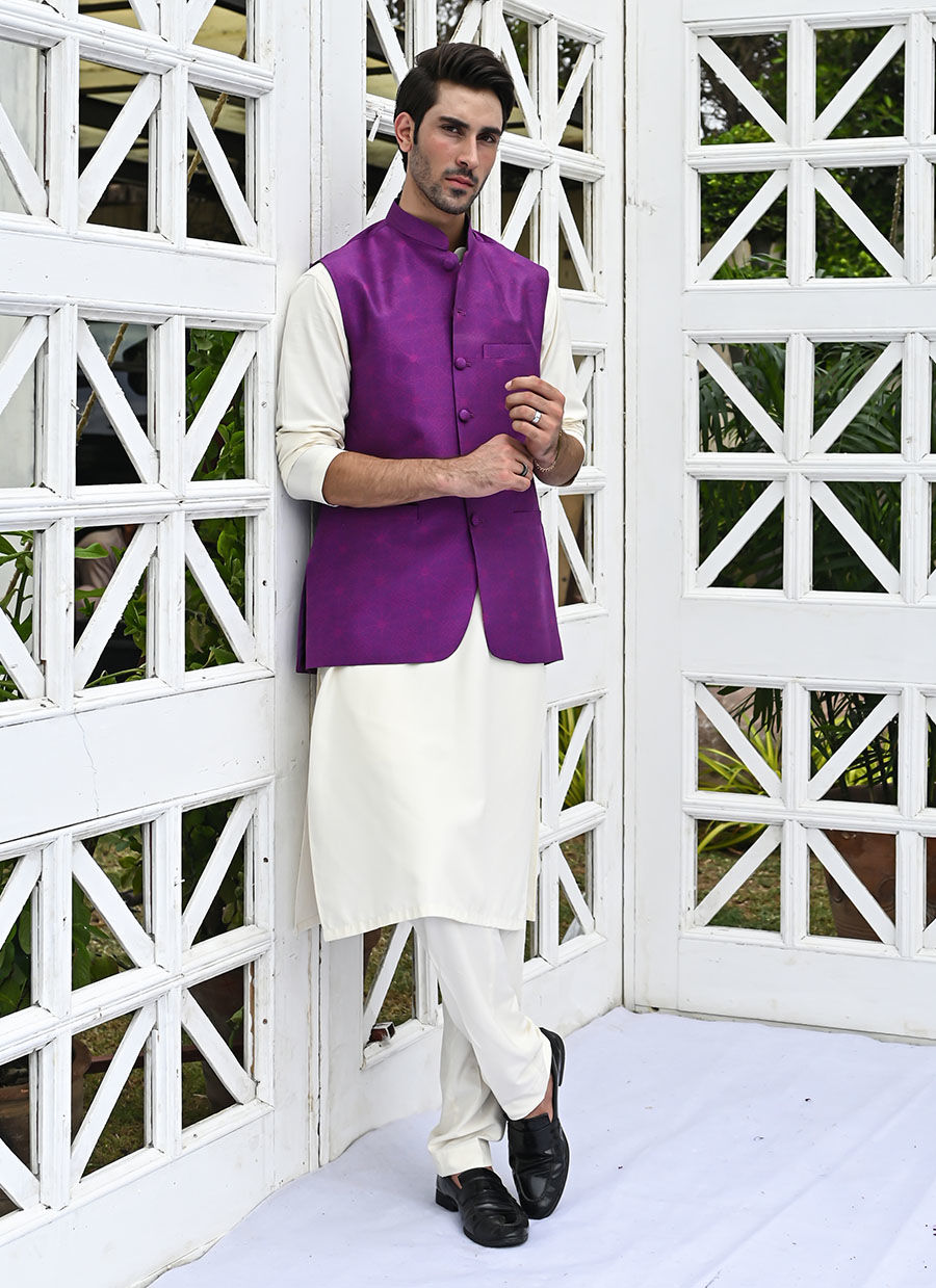 Purple Printed Raw Silk Waistcoat Kurta Pajama (3-Piece) - Image 7