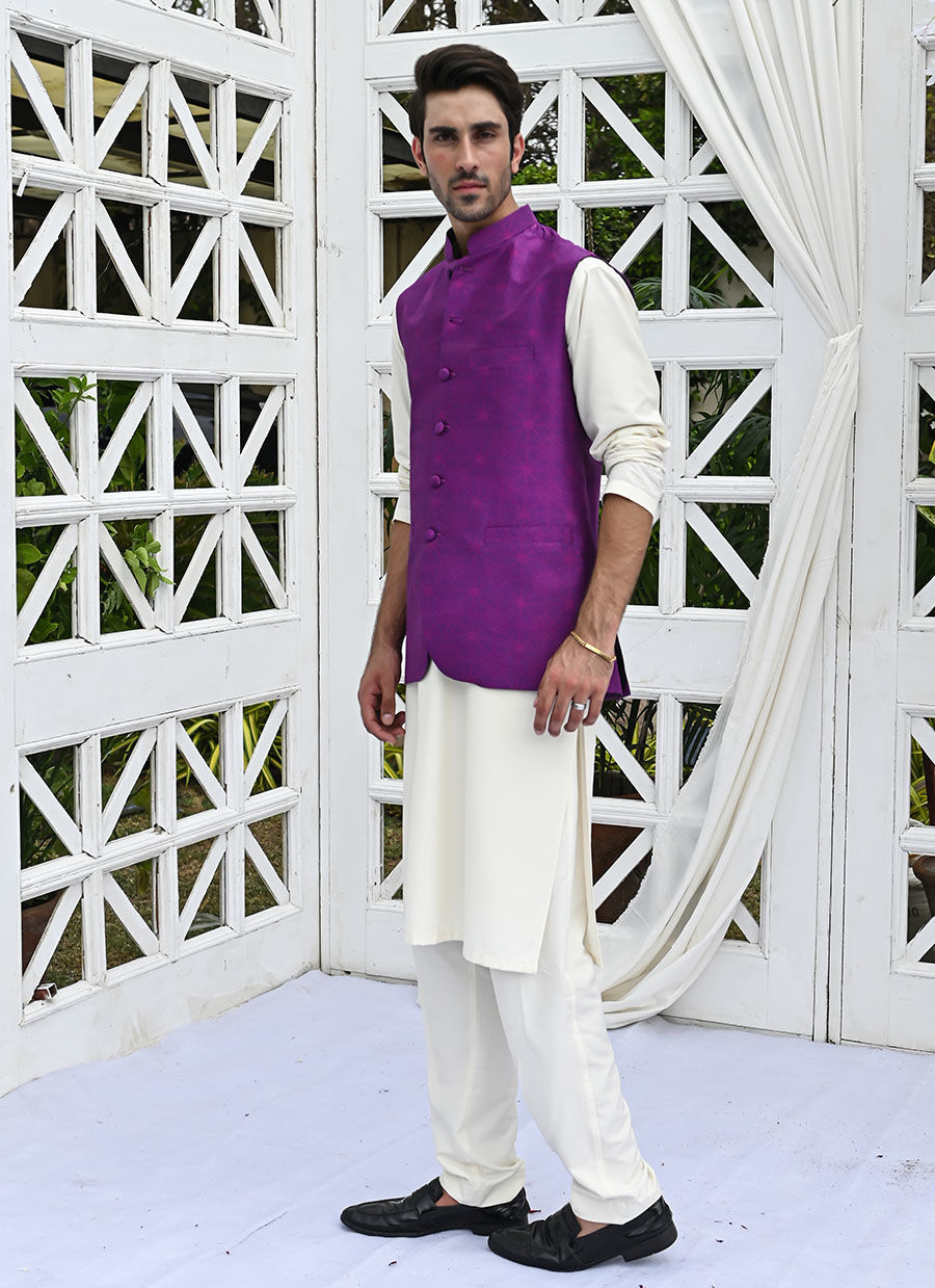 Purple Printed Raw Silk Waistcoat Kurta Pajama (3-Piece) - Image 8