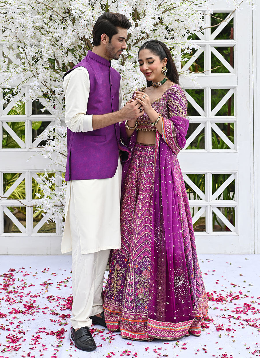 Purple Printed Raw Silk Waistcoat Kurta Pajama (3-Piece) - Image 9