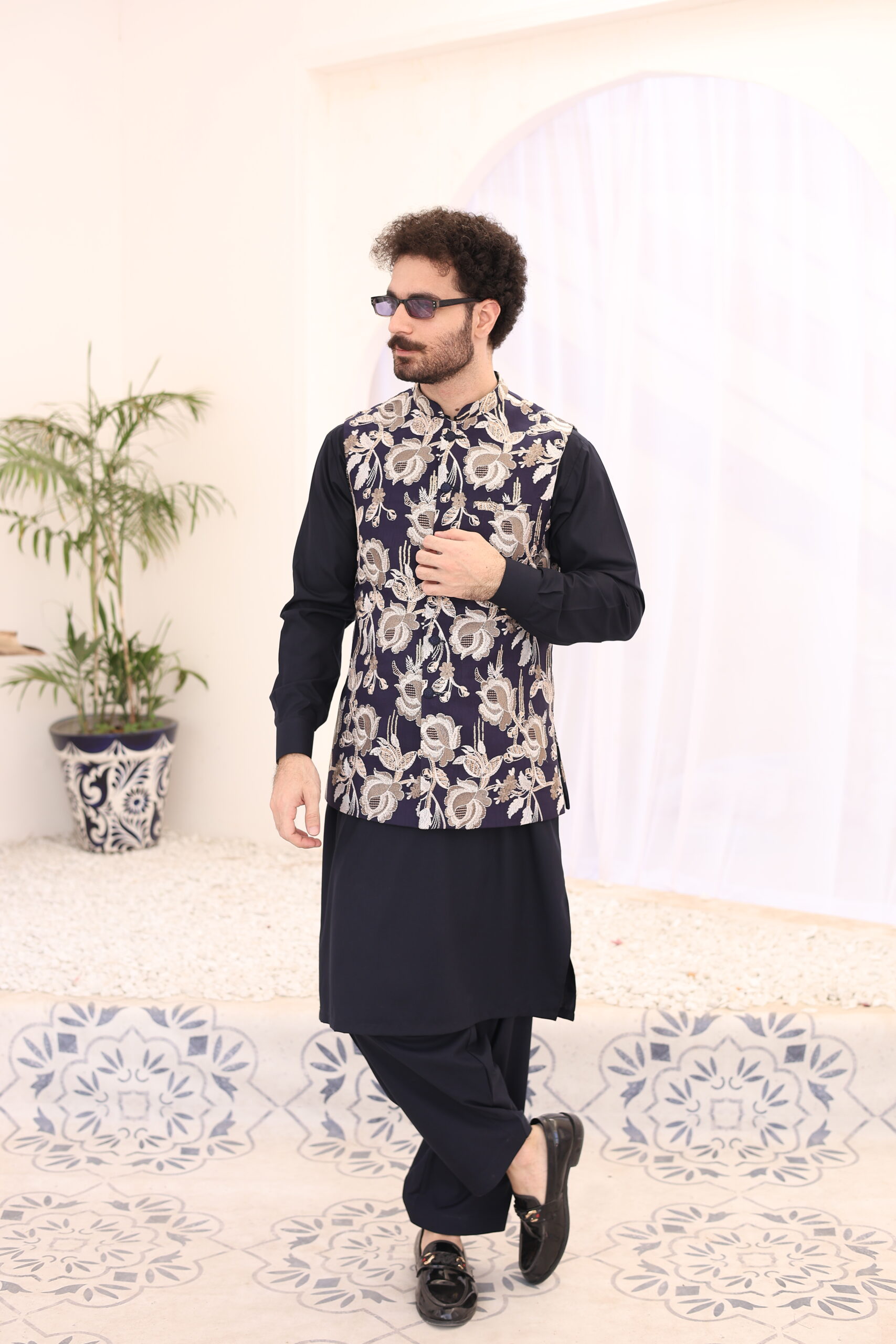 Purple Metallic Floral Raw Silk Waistcoat (2-Piece) - Image 1