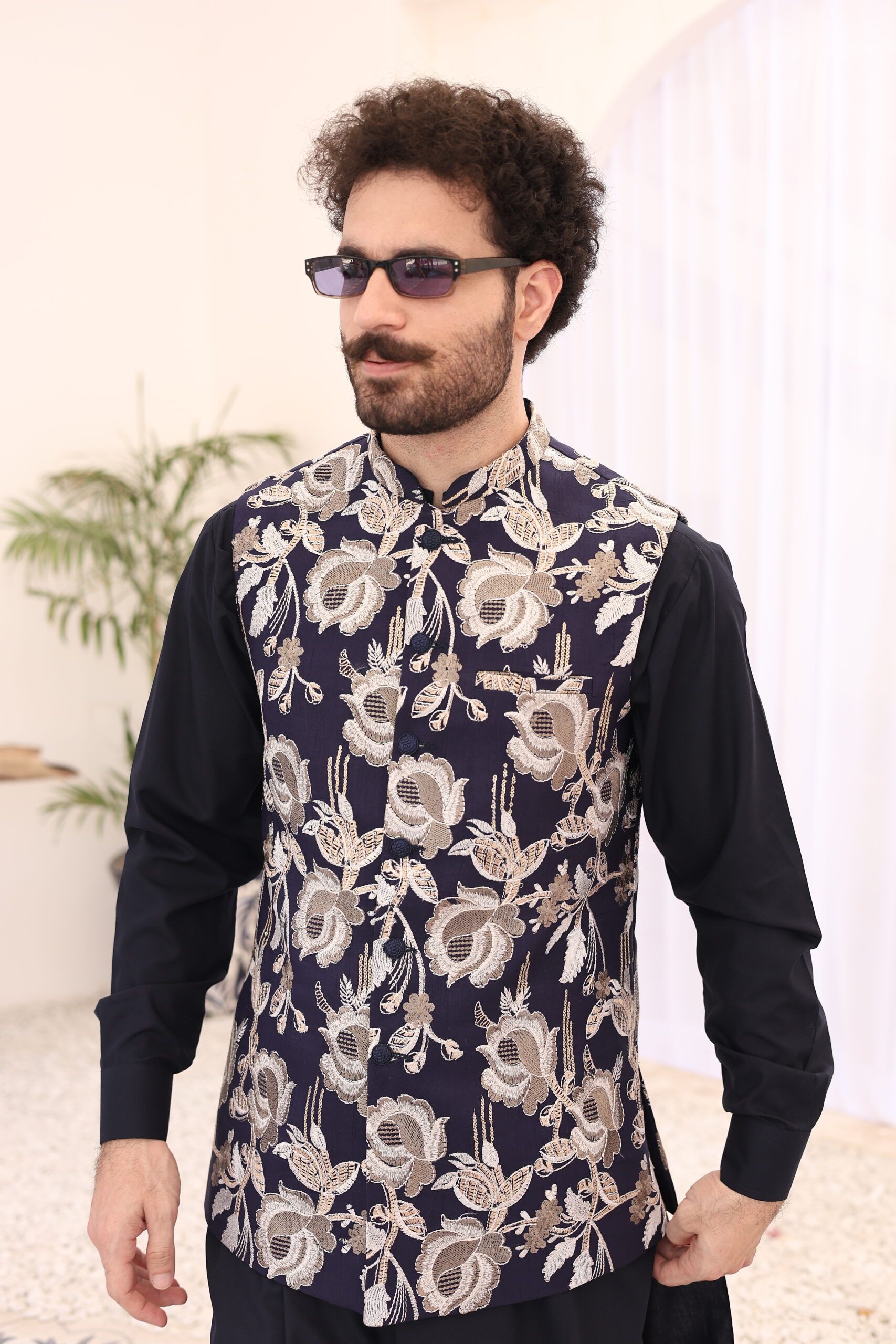 Purple Metallic Floral Raw Silk Waistcoat (2-Piece) - Image 2