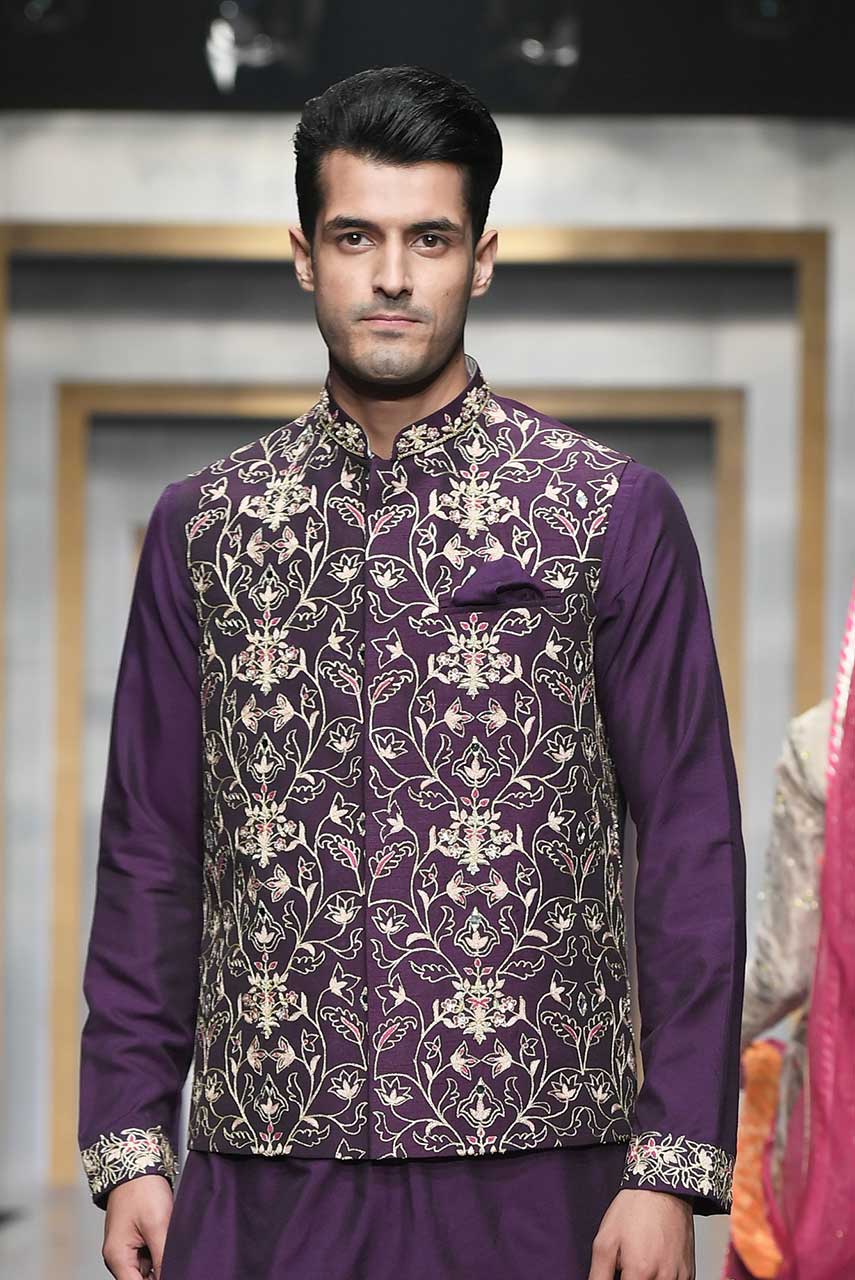 Purple Hand-Embroidered Raw Silk Waistcoat Kurta (3-Piece) - Image 1