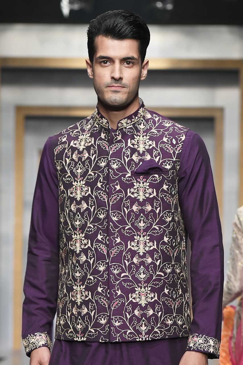 Purple Hand-Embroidered Raw Silk Waistcoat Kurta (3-Piece) - Image 3