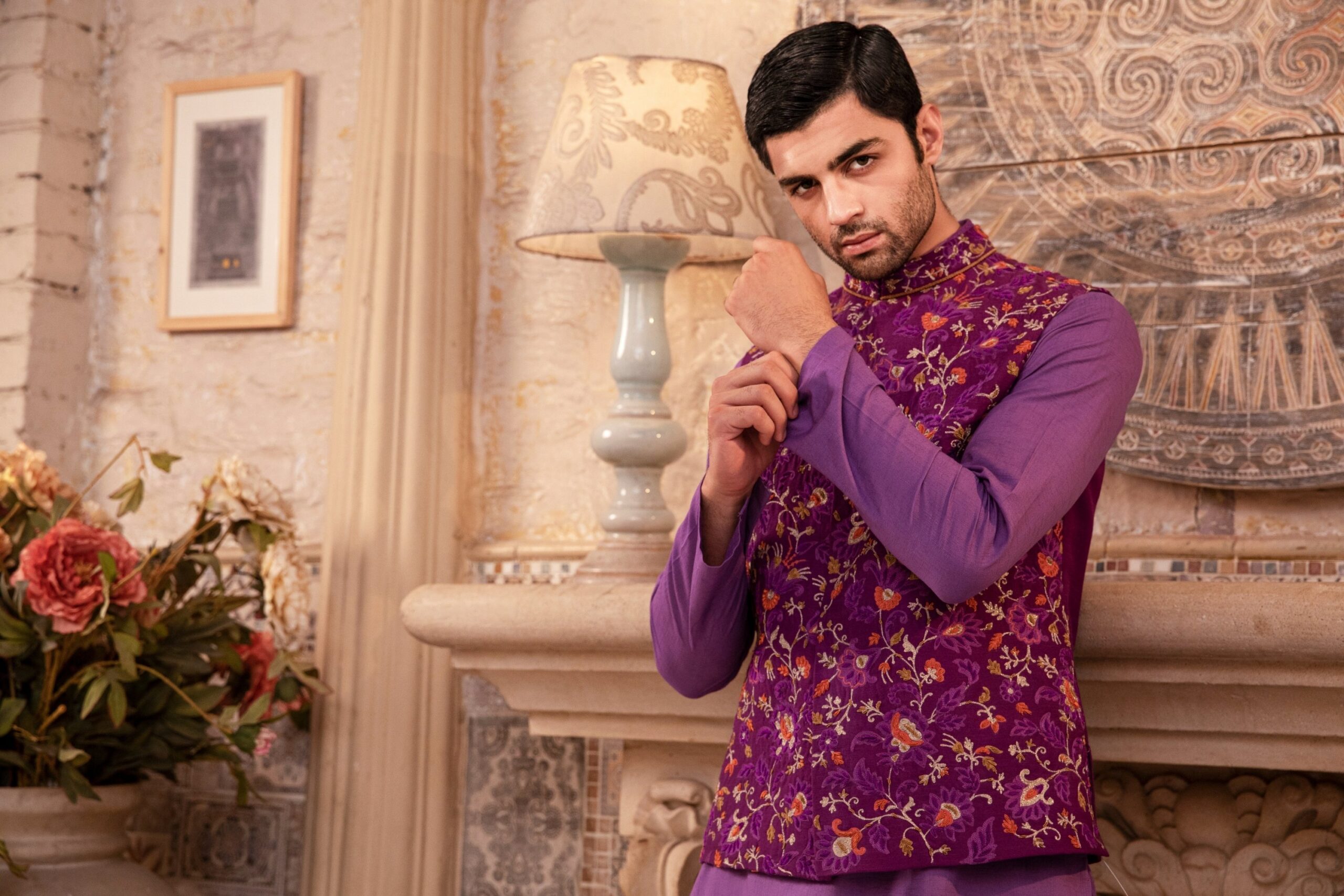 Purple Embroidered Silk-Blend Waistcoat (3-Piece) - Image 1