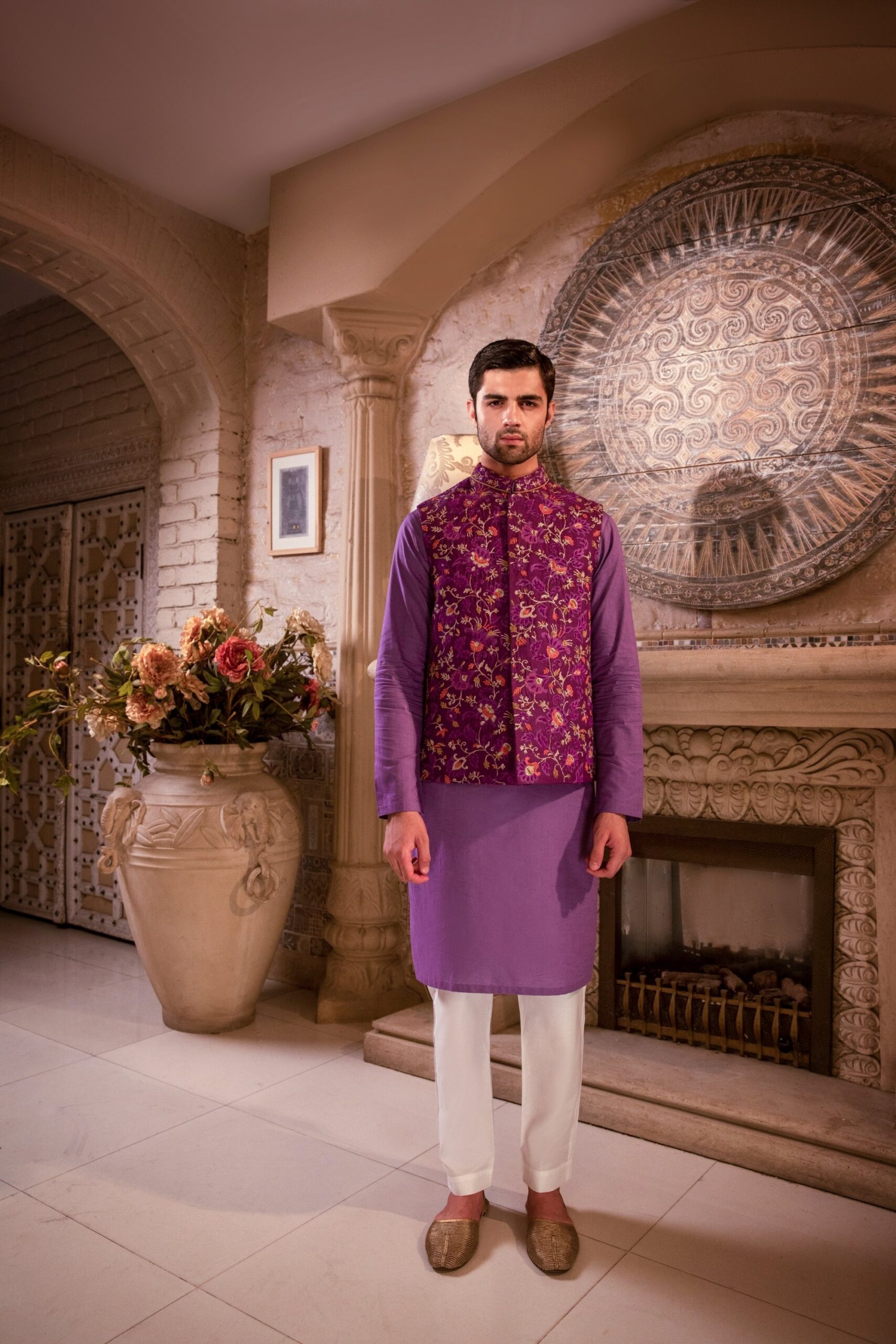 Purple Embroidered Silk-Blend Waistcoat (3-Piece) - Image 2