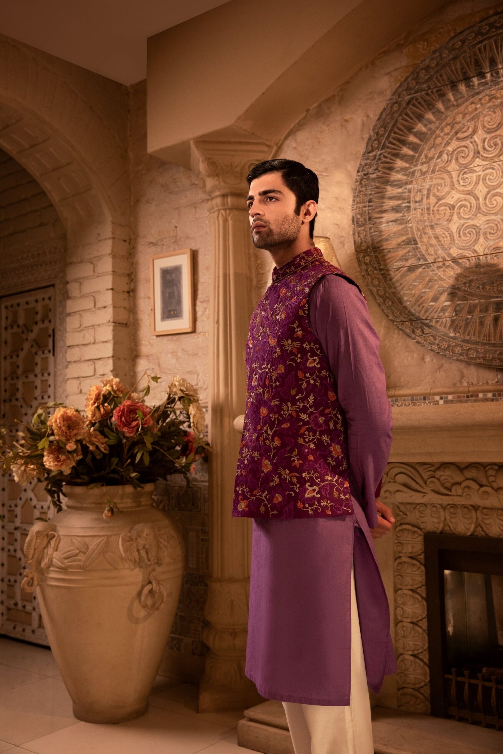 Purple Embroidered Silk-Blend Waistcoat (3-Piece) - Image 5