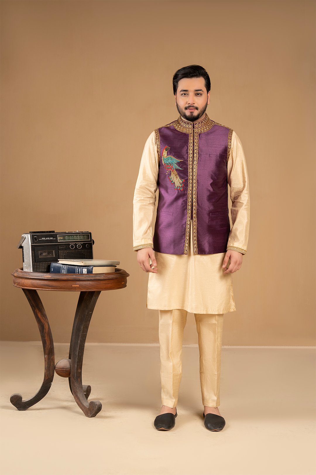 Deep Purple Adda Embroidered Silk Waistcoat (3-Piece) - Image 1