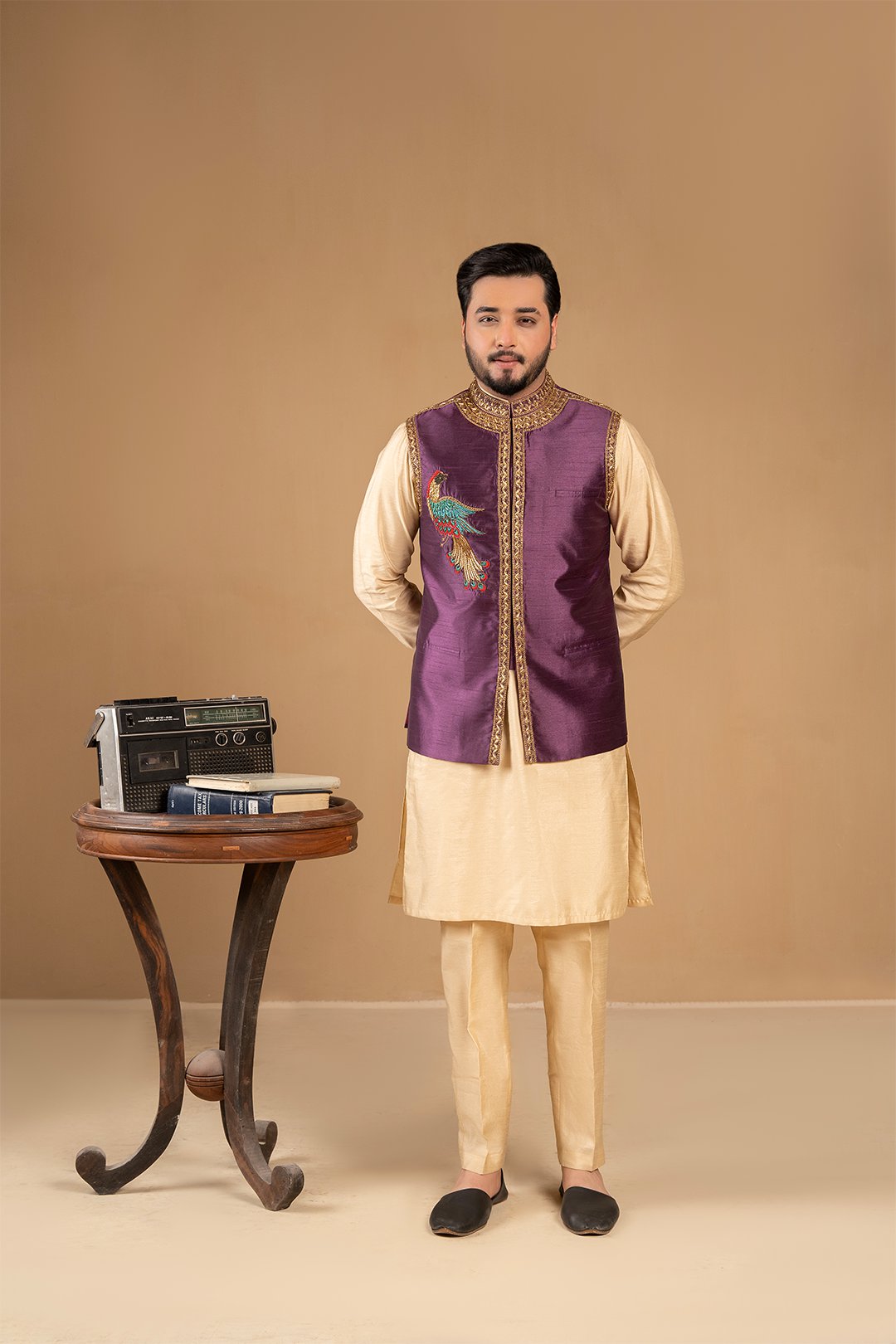 Deep Purple Adda Embroidered Silk Waistcoat (3-Piece) - Image 2