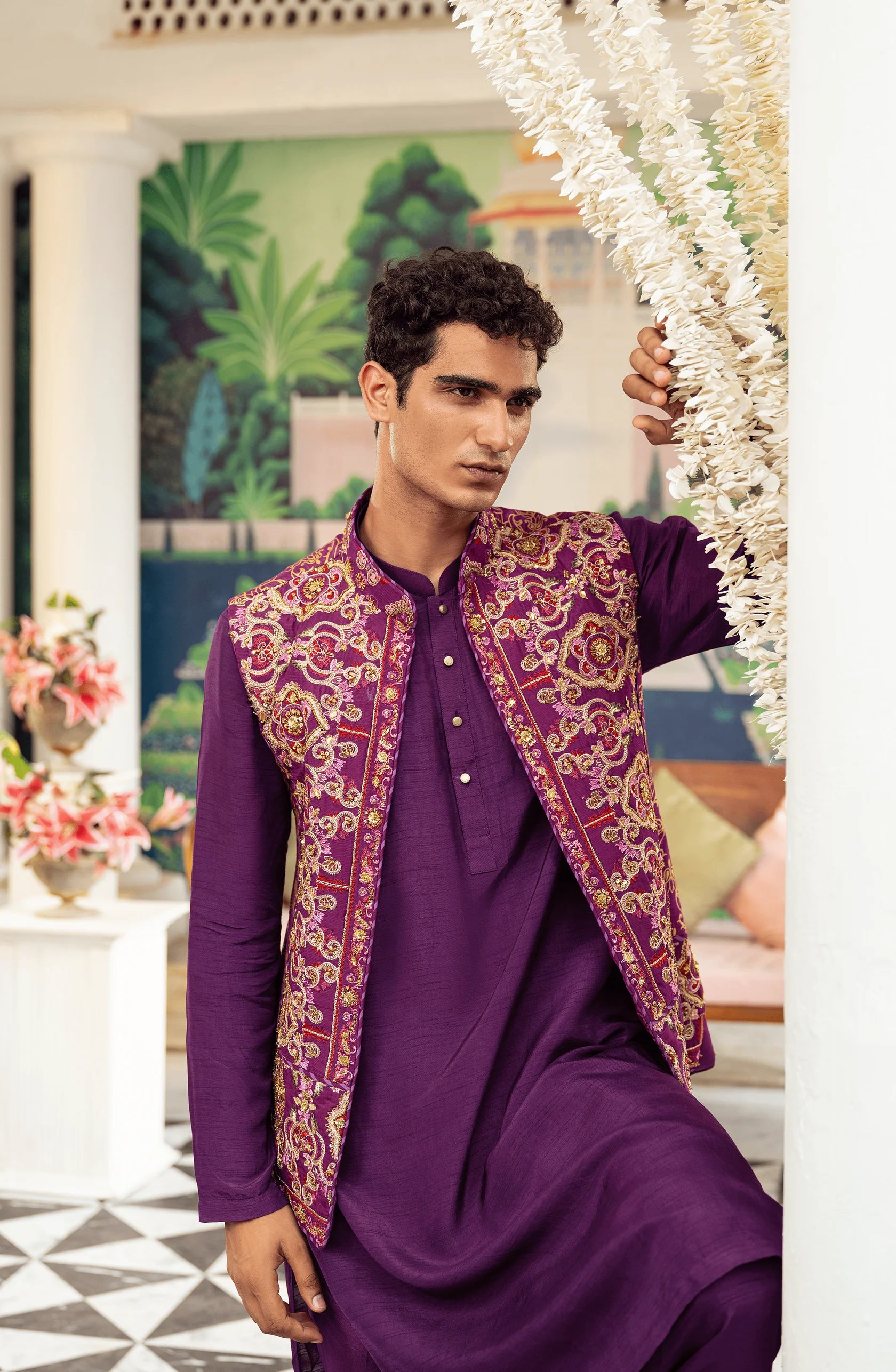 Deep Purple Gota-Work Silk Waistcoat Kurta (3-Piece) - Image 1