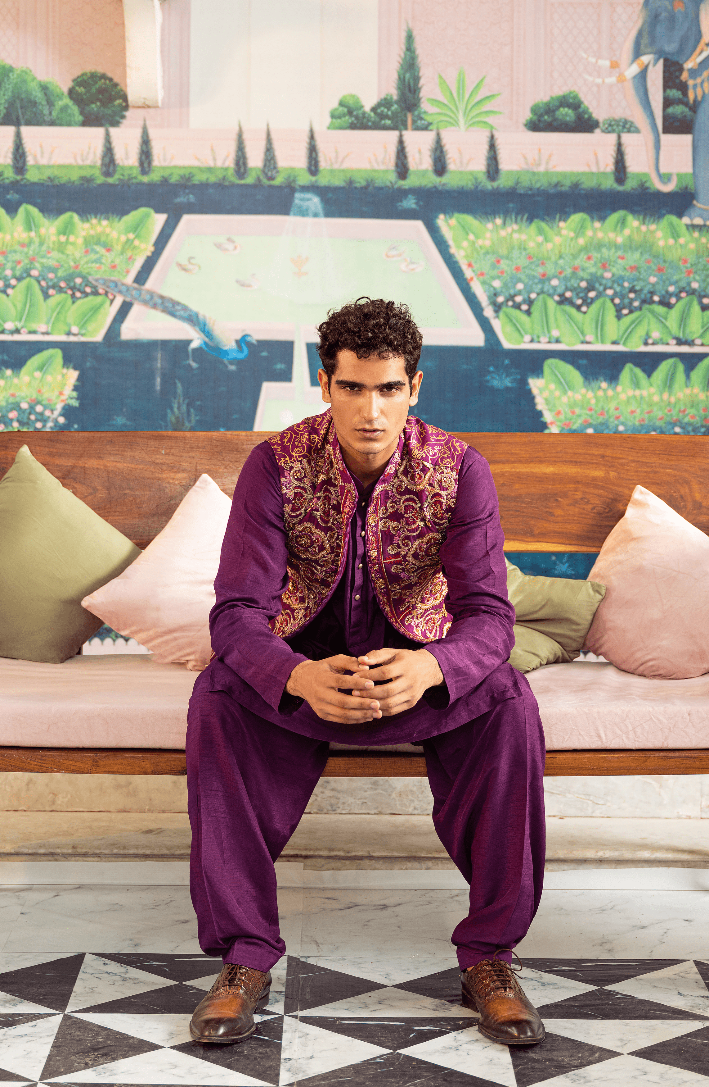 Deep Purple Gota-Work Silk Waistcoat Kurta (3-Piece) - Image 2