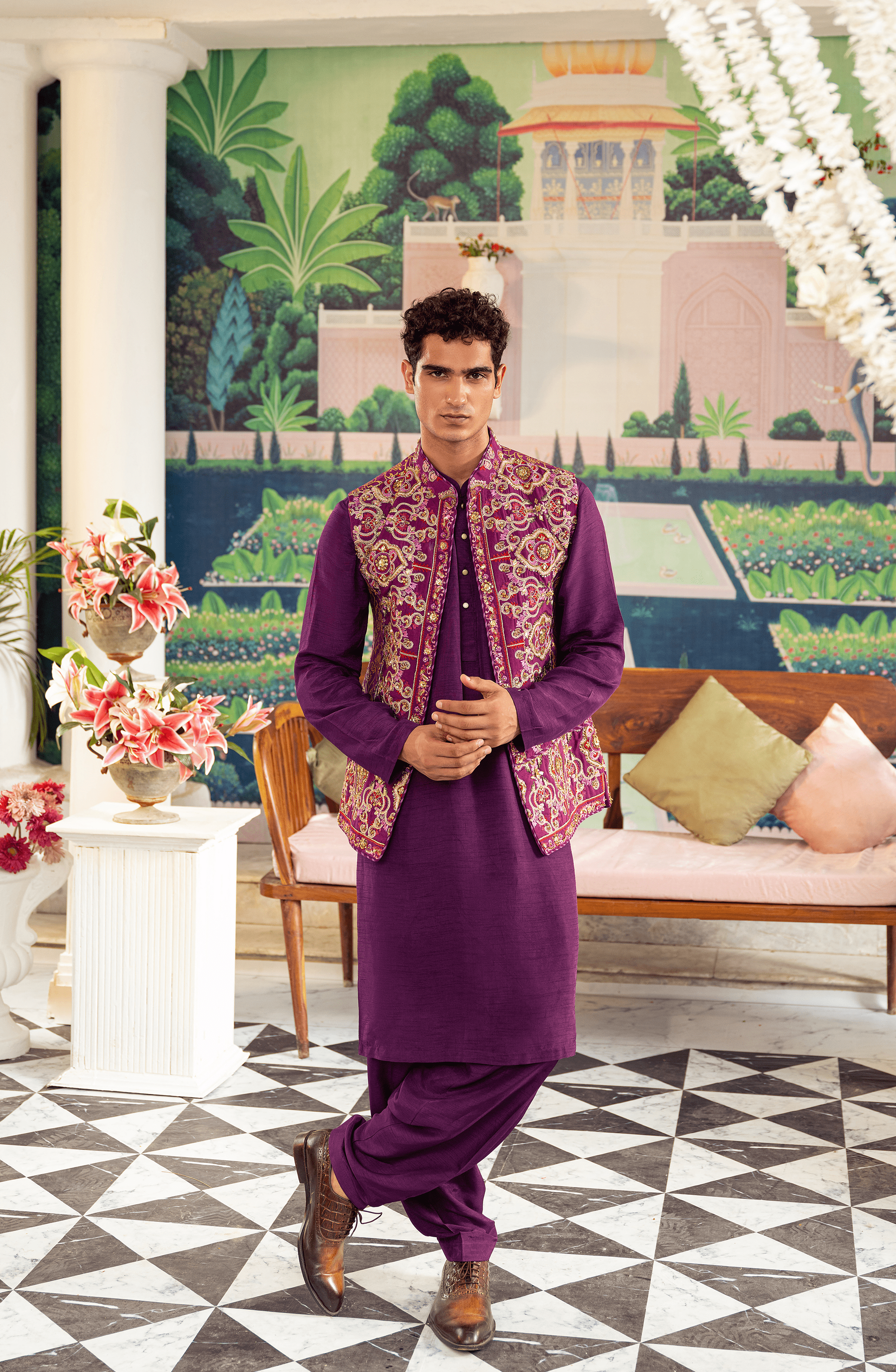 Deep Purple Gota-Work Silk Waistcoat Kurta (3-Piece) - Image 3