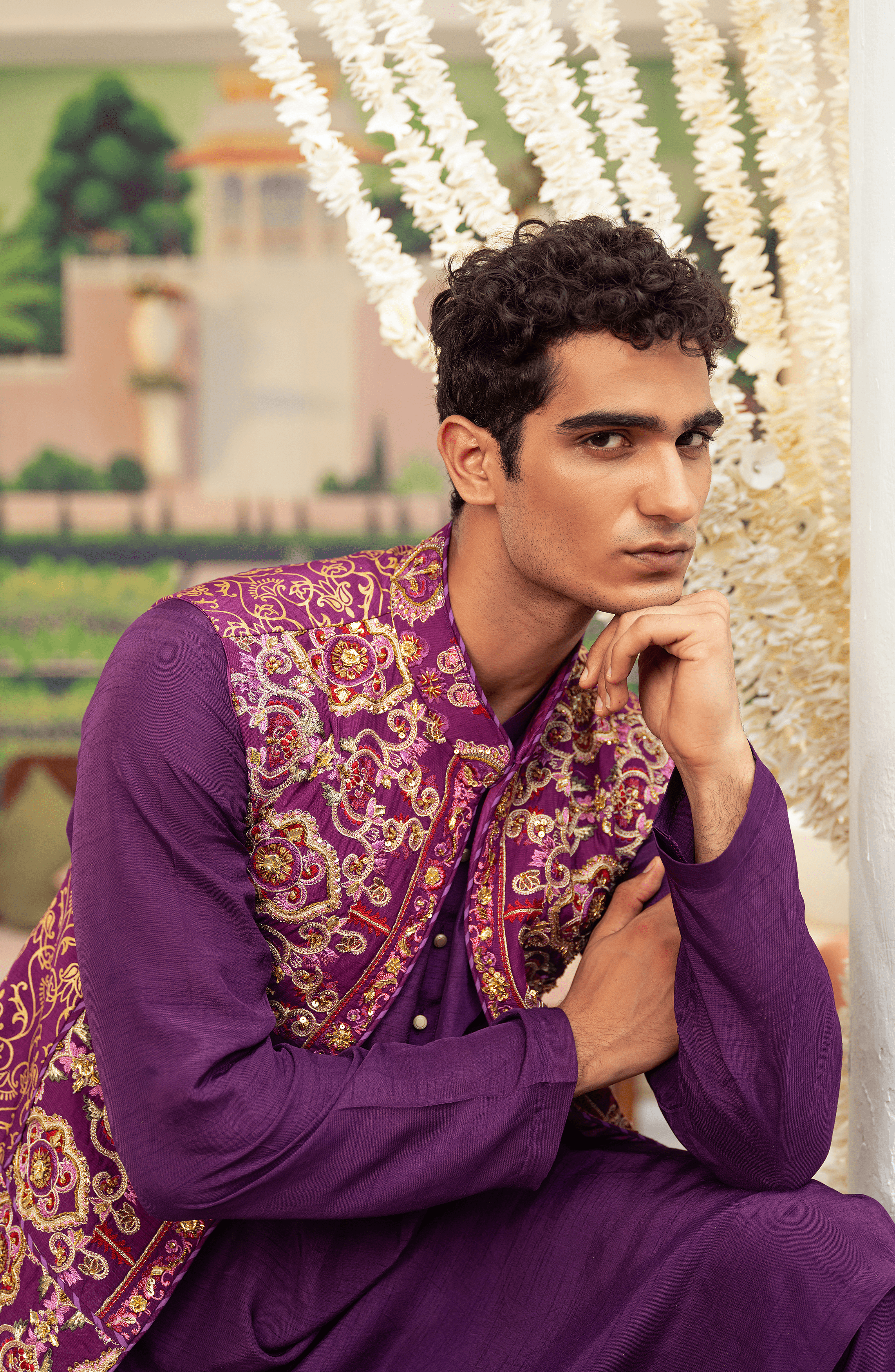 Deep Purple Gota-Work Silk Waistcoat Kurta (3-Piece) - Image 5