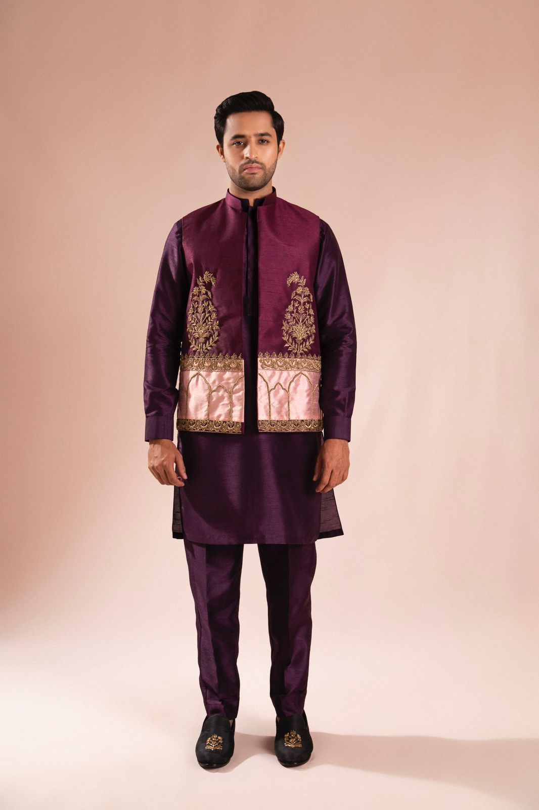 Purple Embroidered Silk Waistcoat Kurta (3-Piece) - Image 1