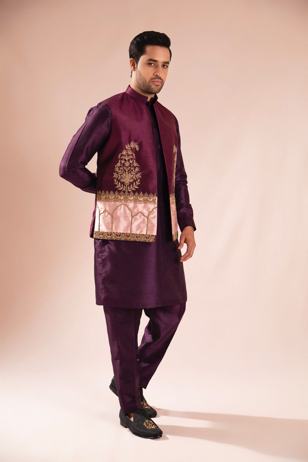 Purple Embroidered Silk Waistcoat Kurta (3-Piece) - Image 4