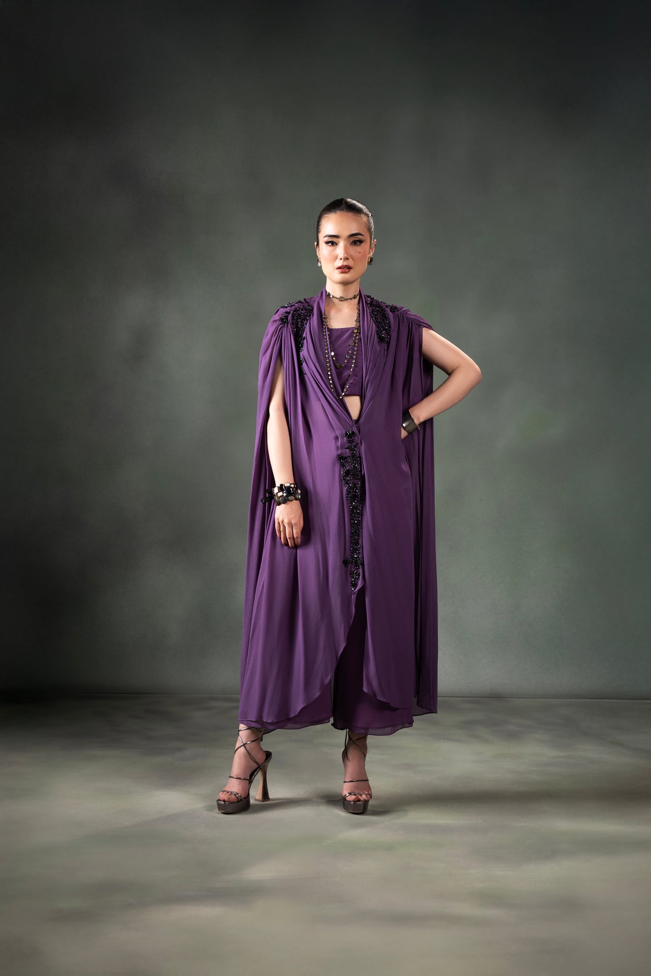 Pakistani Plum Purple Beaded Georgette Cape Dress (2-Piece) - Image 1