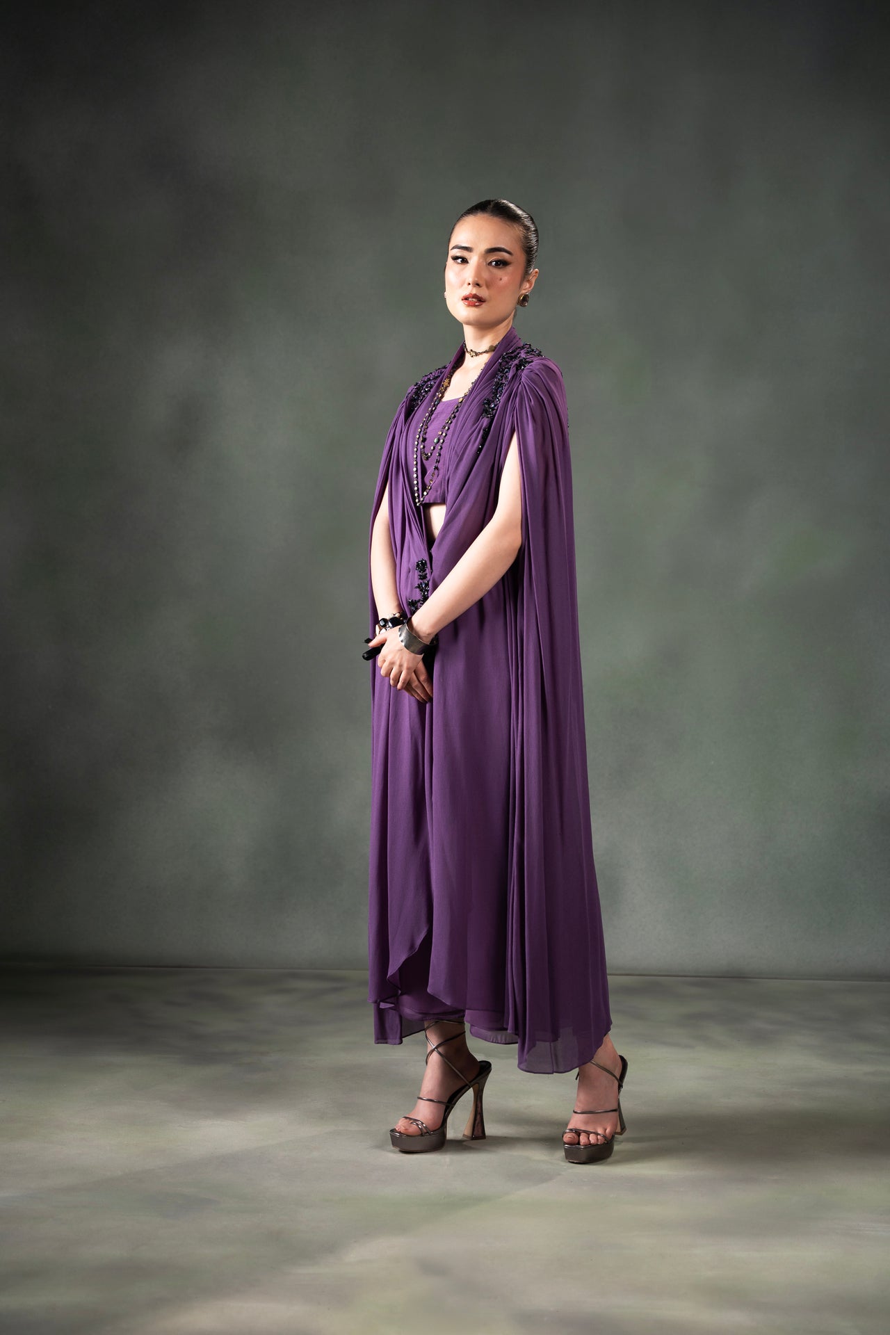 Pakistani Plum Purple Beaded Georgette Cape Dress (2-Piece) - Image 2