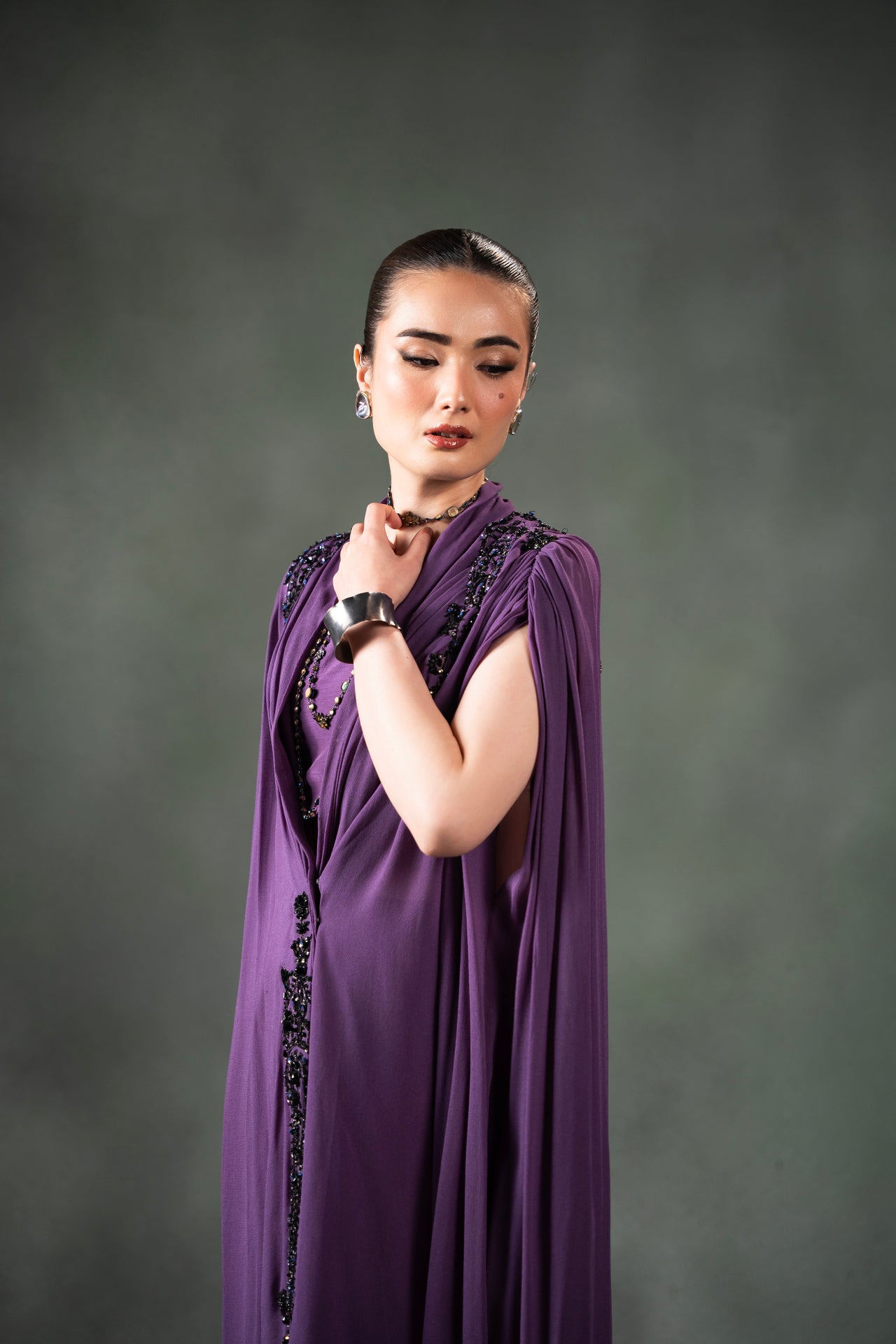 Pakistani Plum Purple Beaded Georgette Cape Dress (2-Piece) - Image 3