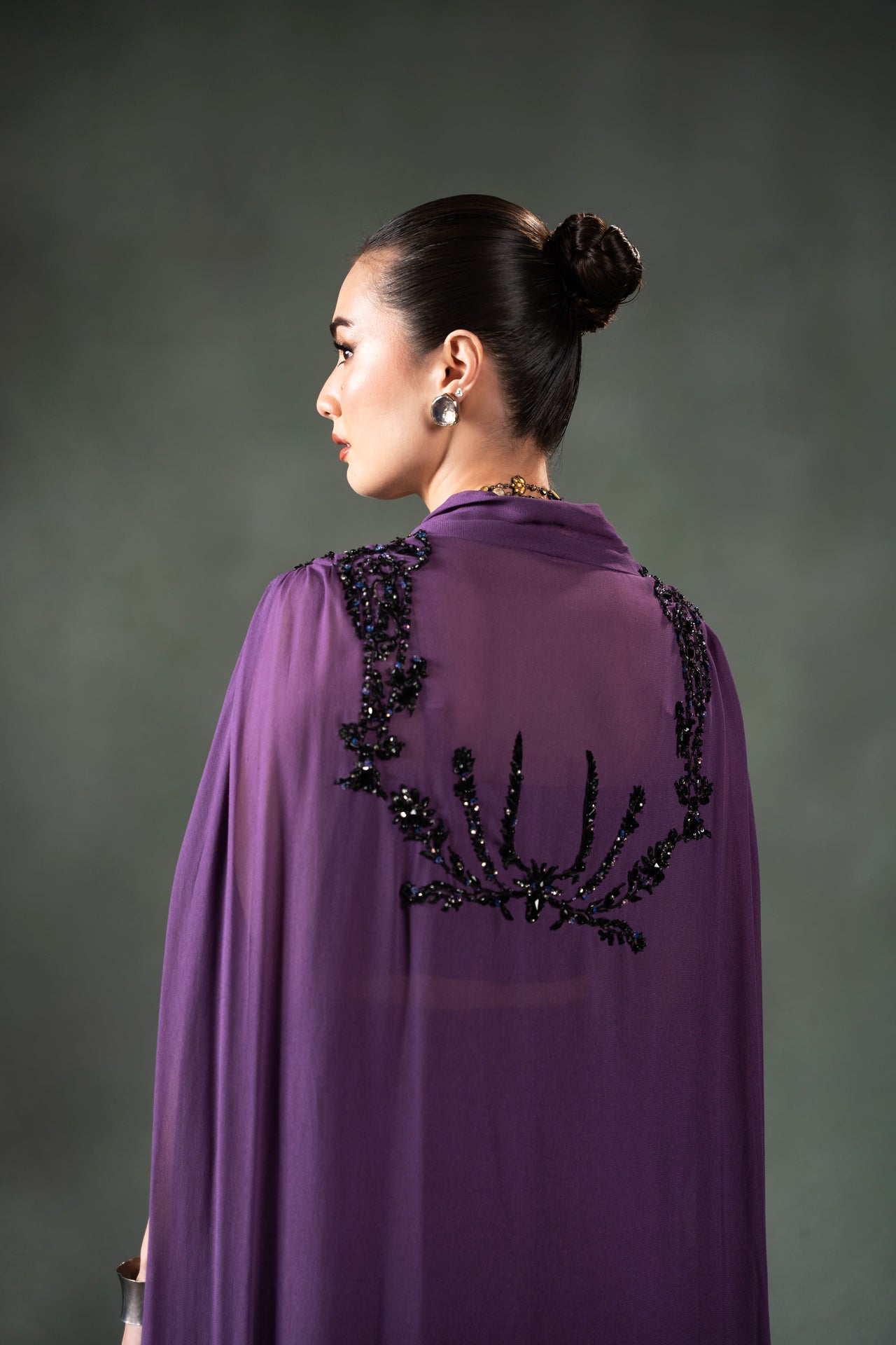 Pakistani Plum Purple Beaded Georgette Cape Dress (2-Piece) - Image 5