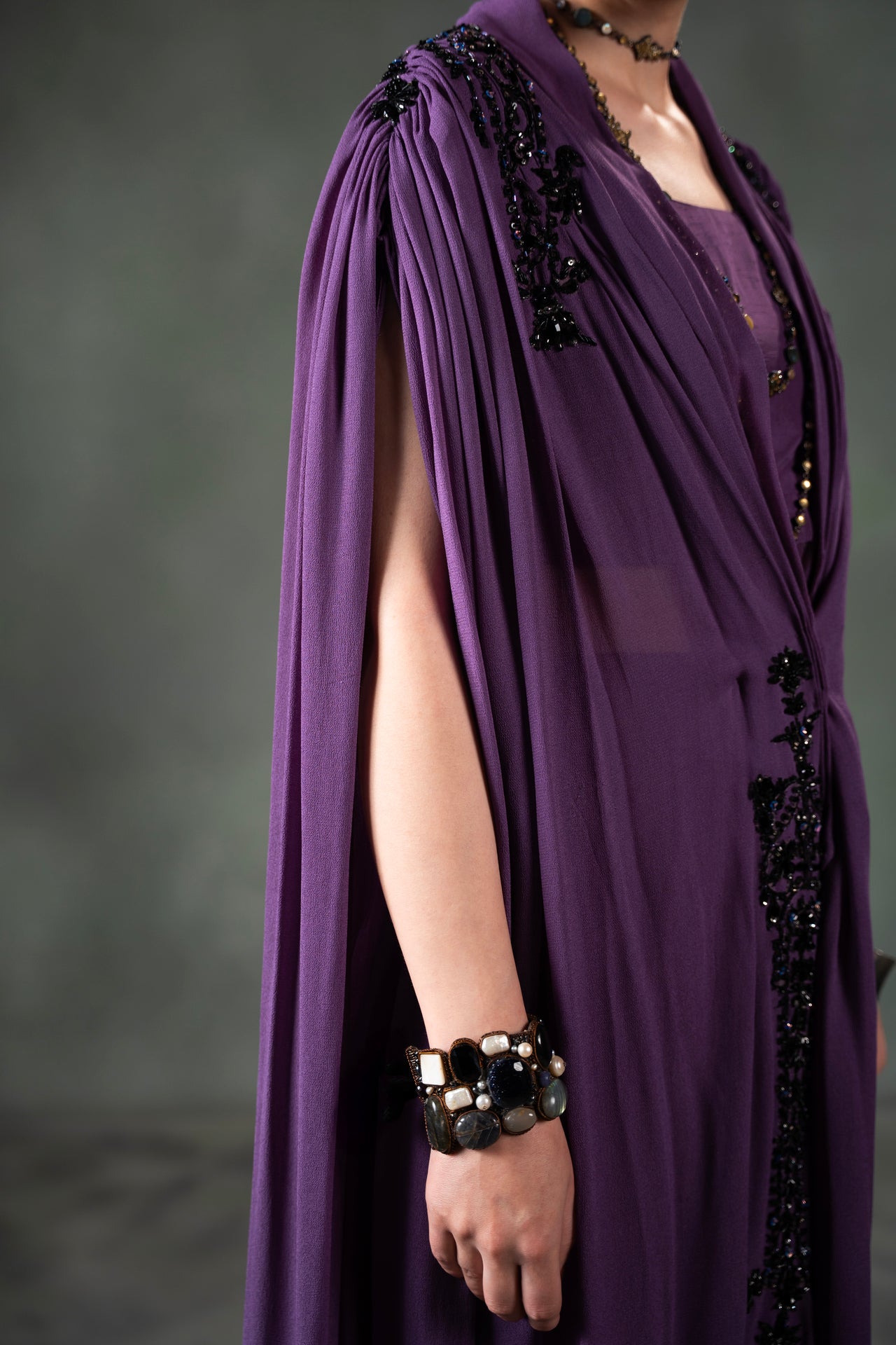 Pakistani Plum Purple Beaded Georgette Cape Dress (2-Piece) - Image 6