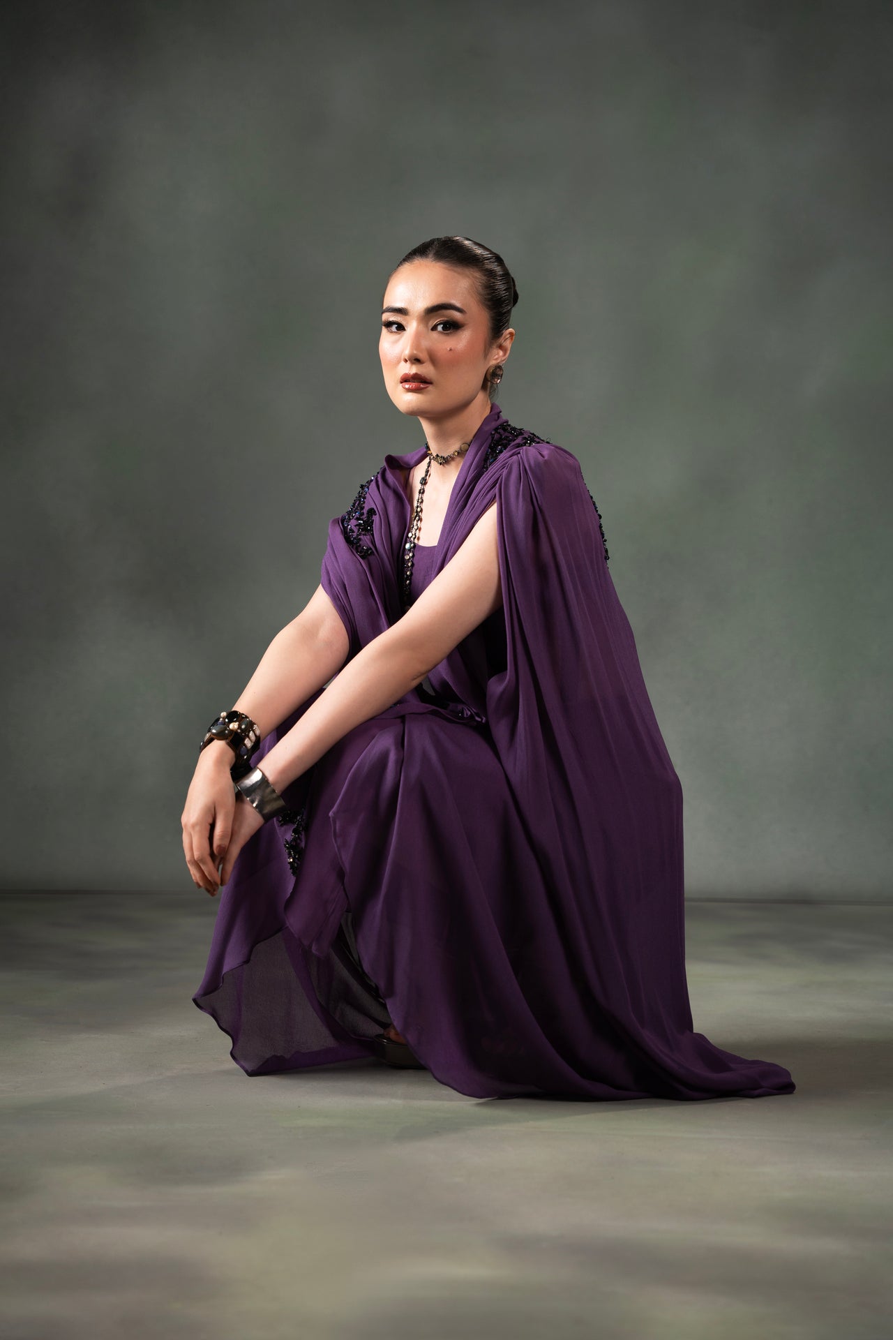 Pakistani Plum Purple Beaded Georgette Cape Dress (2-Piece) - Image 7