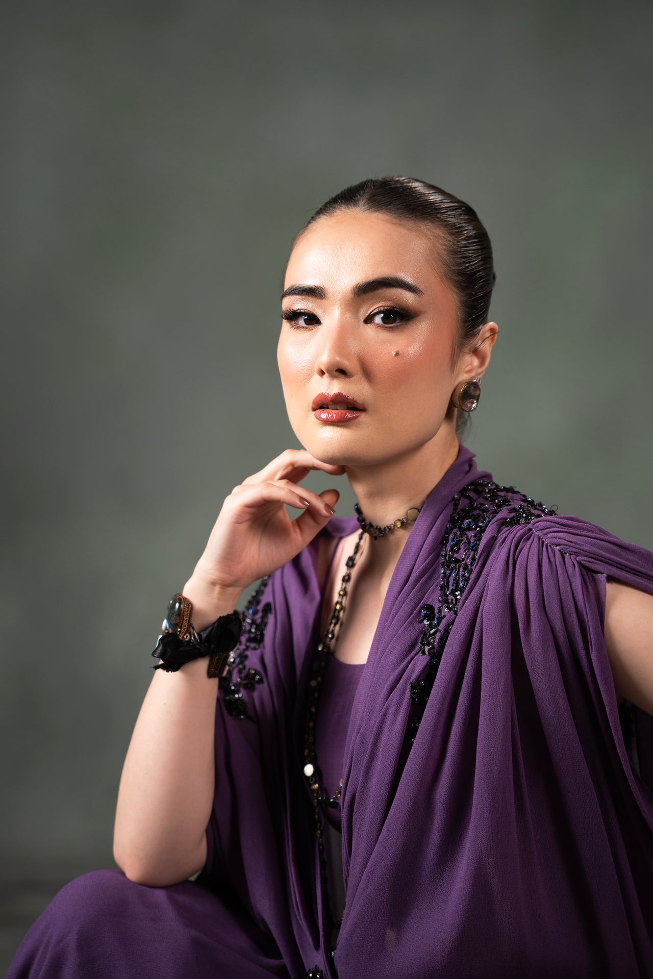 Pakistani Plum Purple Beaded Georgette Cape Dress (2-Piece) - Image 8