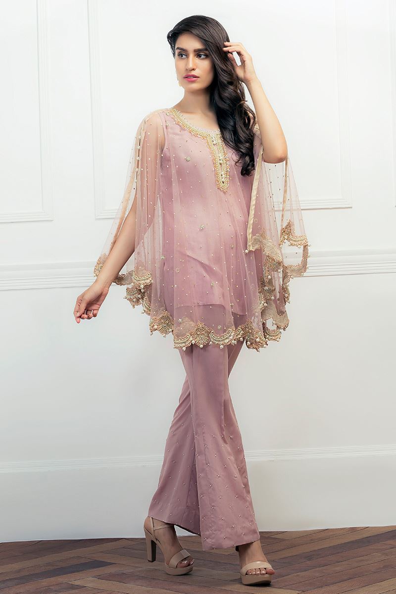 Lilac Embellished Net Cape with Raw Silk Trousers (2-Piece) - Image 3