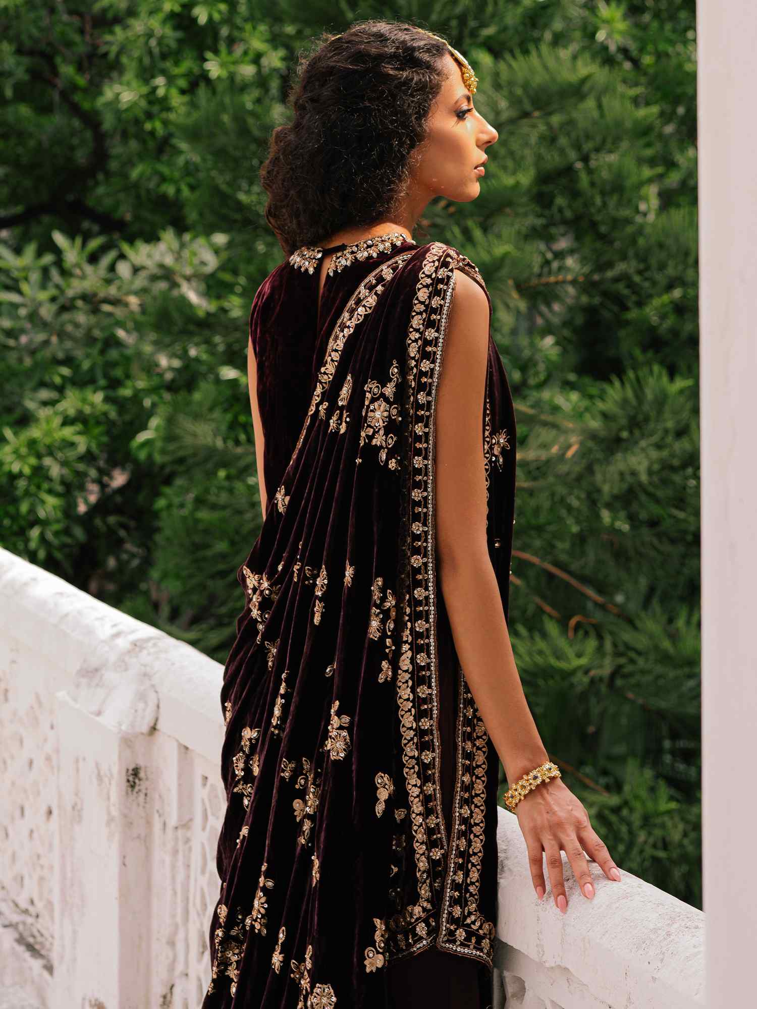 Pakistani Aubergine Embroidered Velvet & Raw Silk Cape Pant Set (2-Piece) - Image 3