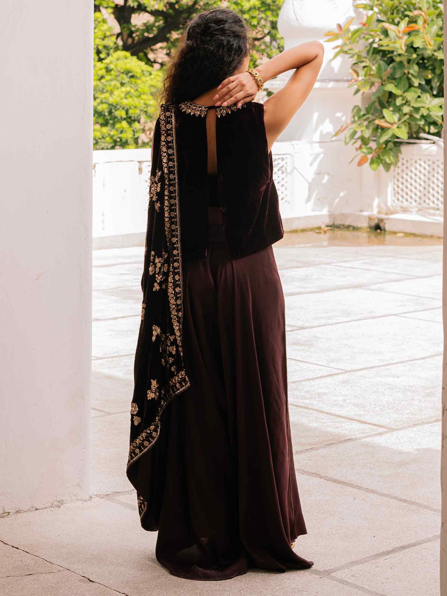 Pakistani Aubergine Embroidered Velvet & Raw Silk Cape Pant Set (2-Piece) - Image 5