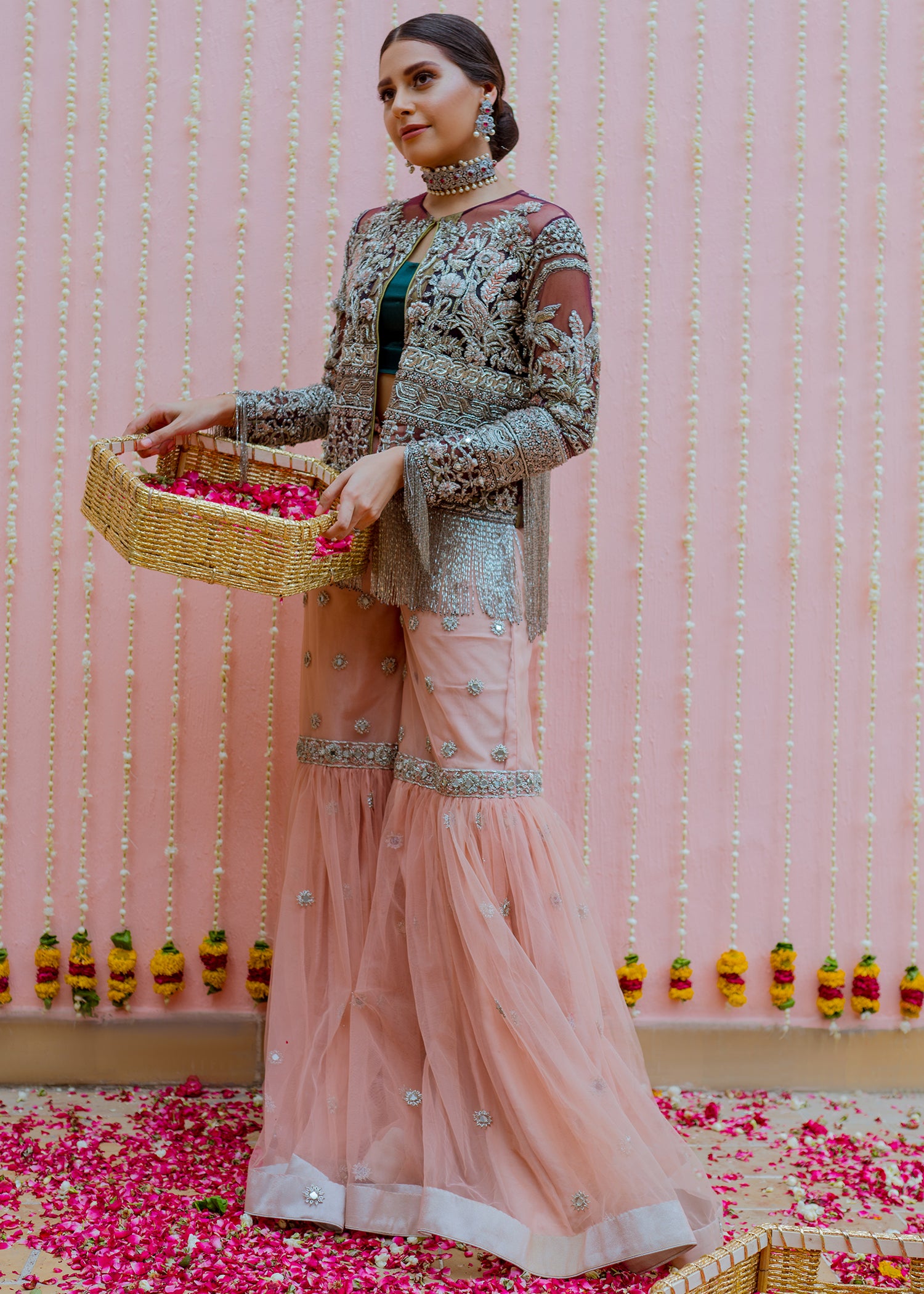 Pakistani Plum Hand-Embellished Net Jacket Dress (2-Piece) - Image 5