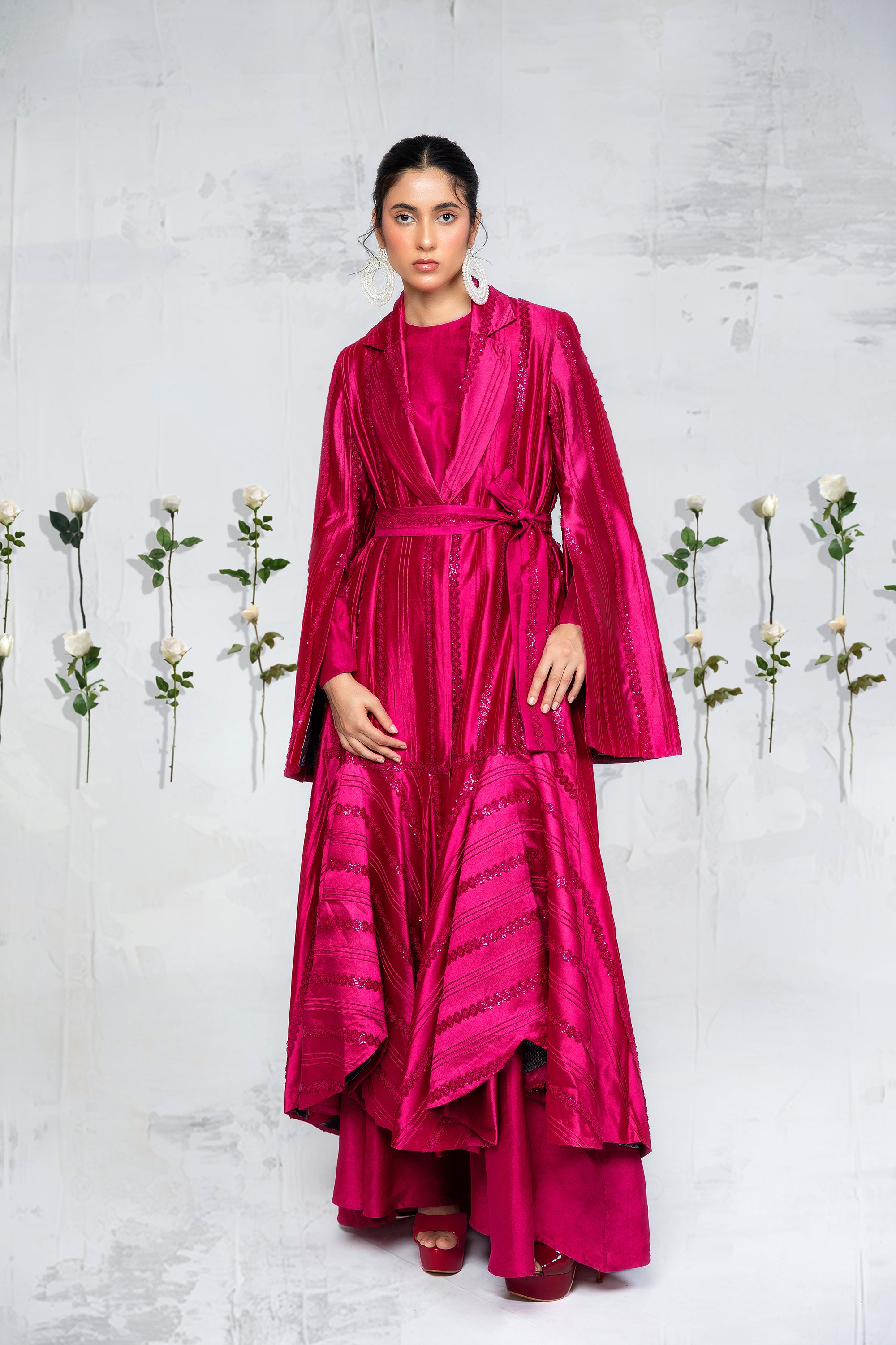 Plum Lace Pintuck Tissue Silk Coat Set (2-Piece) - Image 1