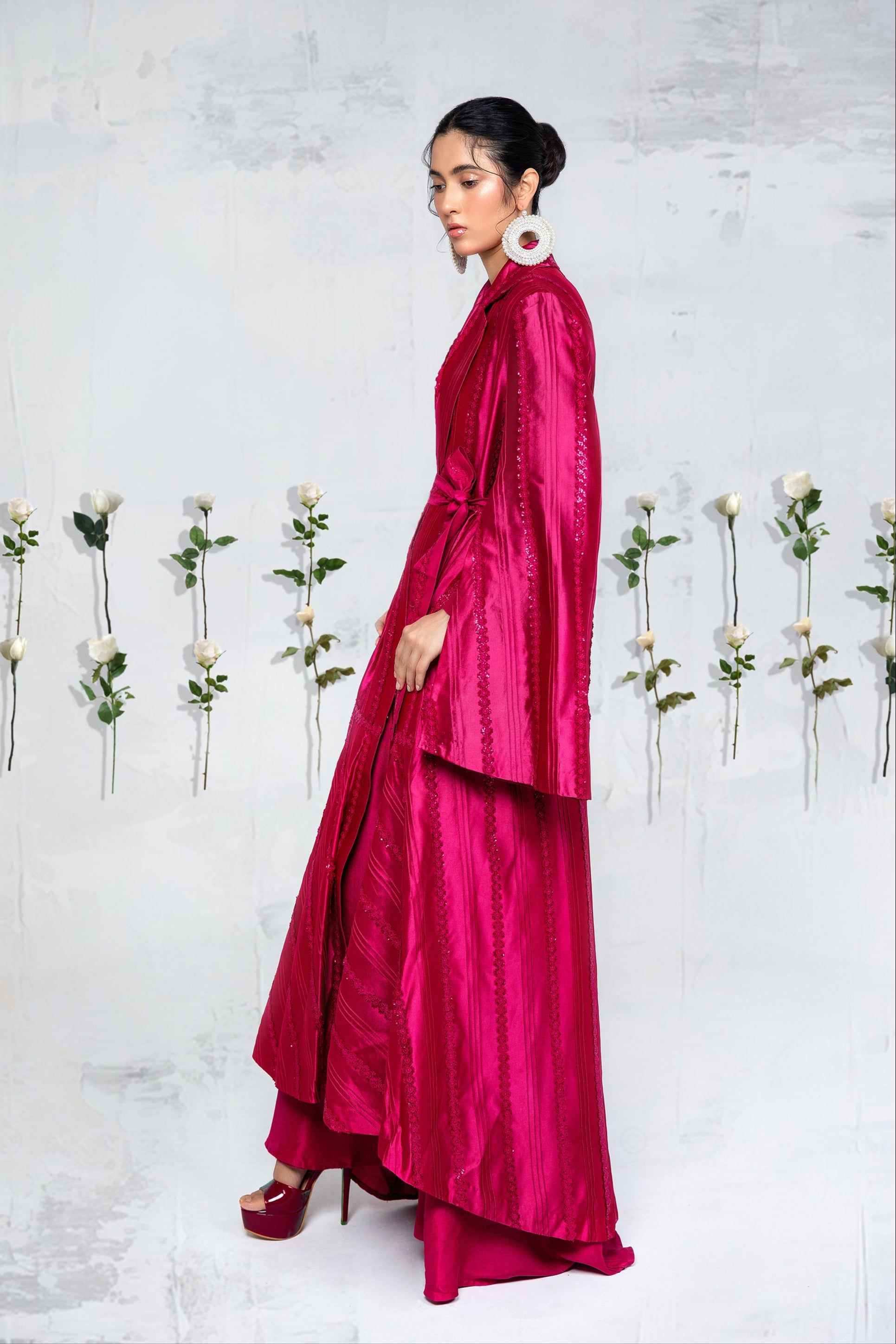Plum Lace Pintuck Tissue Silk Coat Set (2-Piece) - Image 2