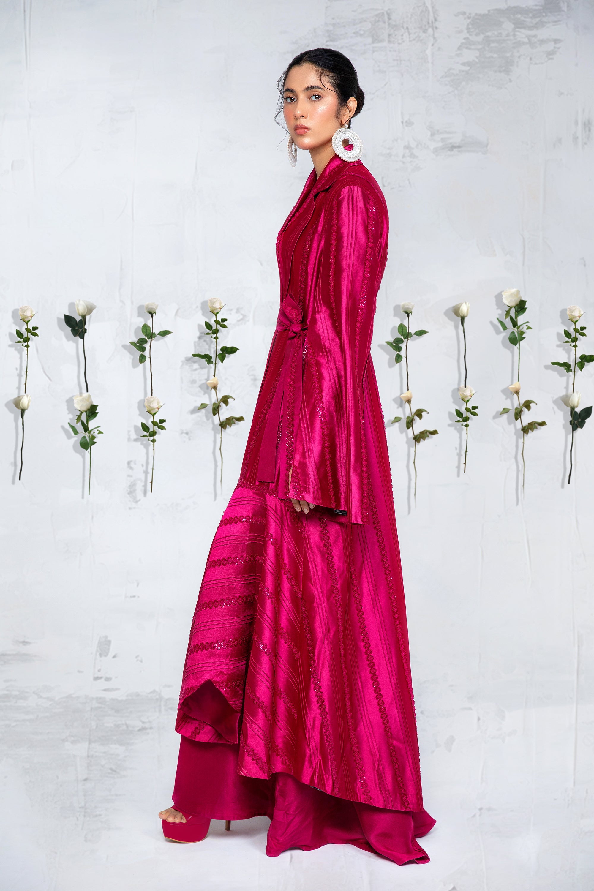 Plum Lace Pintuck Tissue Silk Coat Set (2-Piece) - Image 3