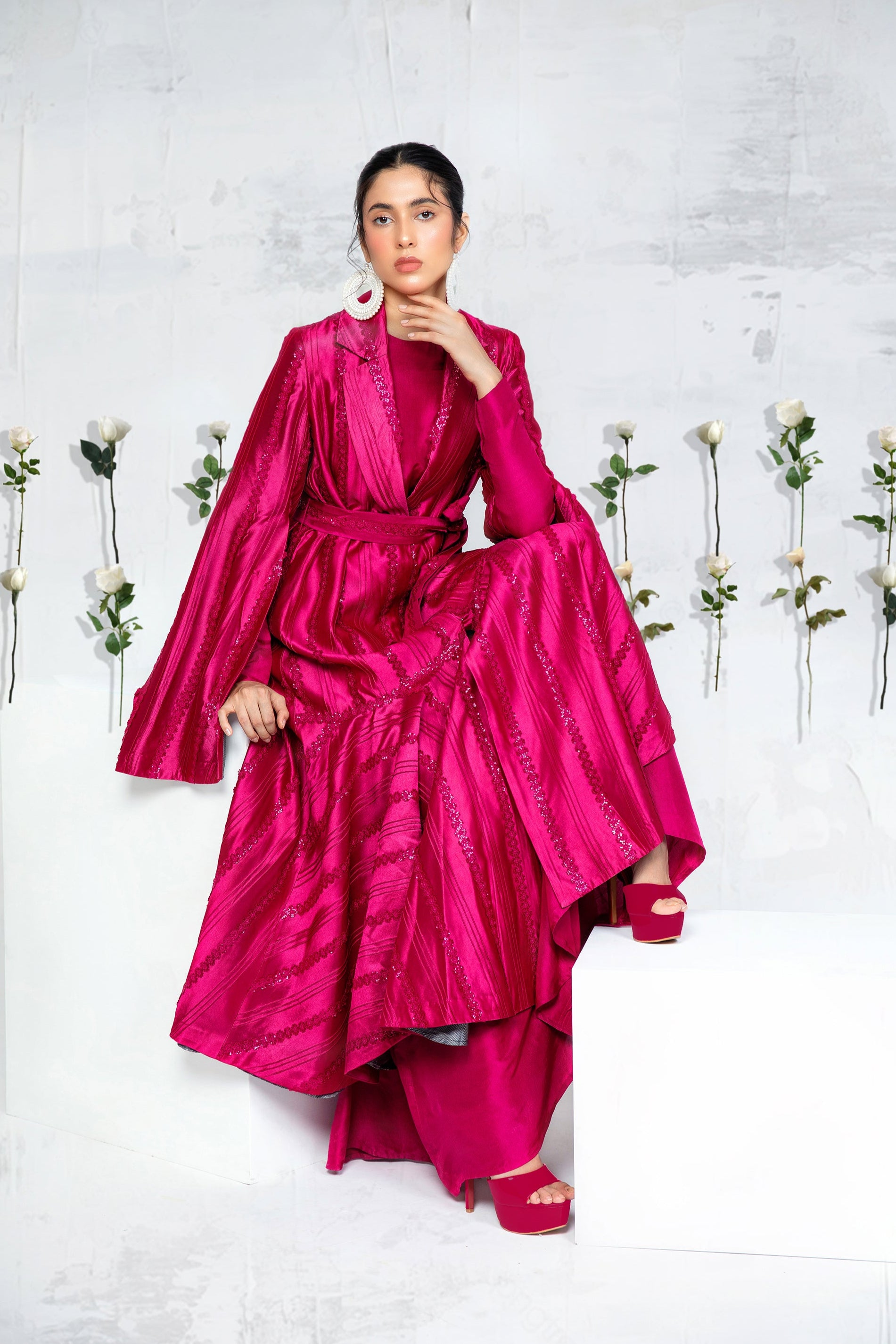 Plum Lace Pintuck Tissue Silk Coat Set (2-Piece) - Image 4