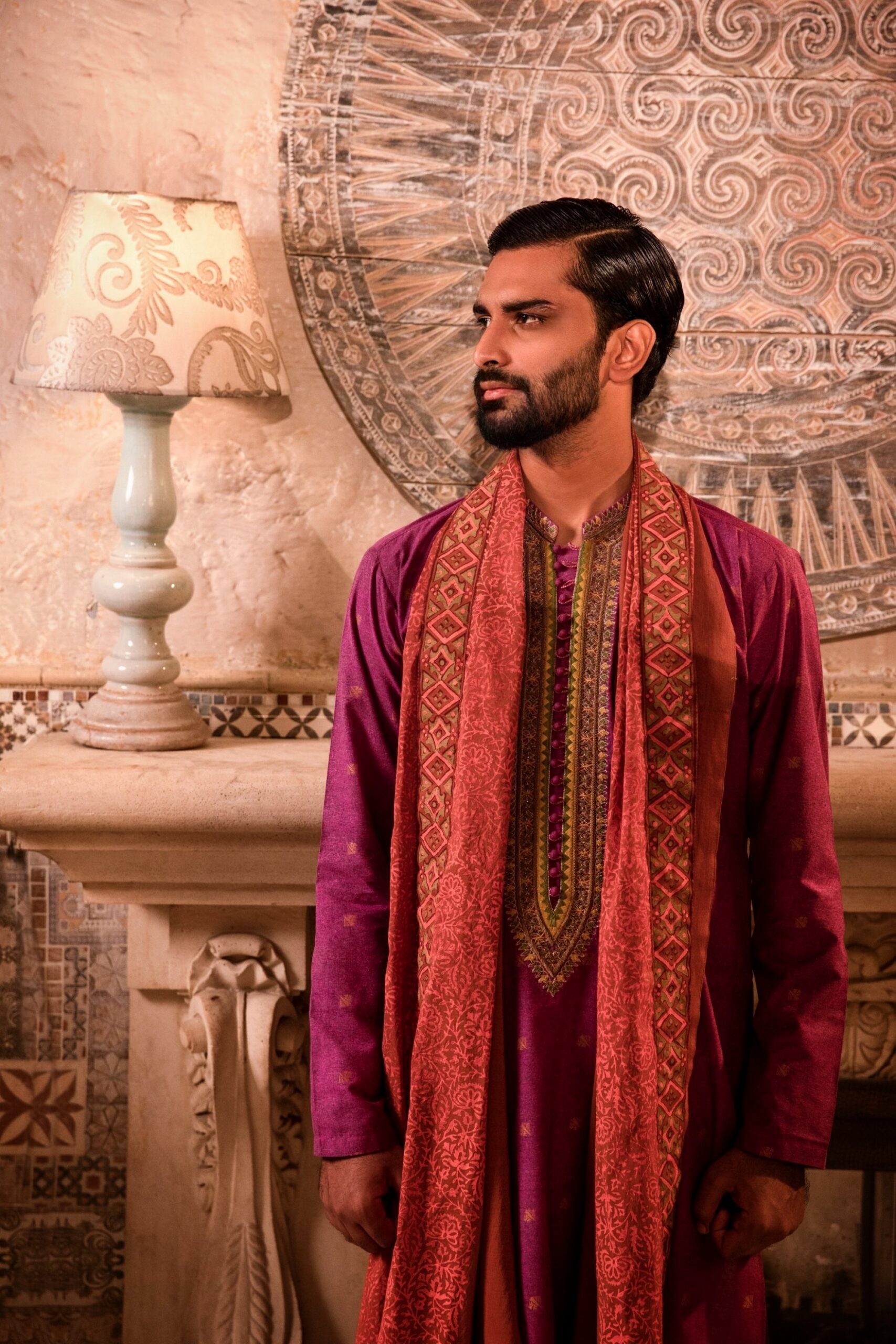 Purple Embroidered Silk-Blend Men’s Kurta (2-Piece) - Image 1