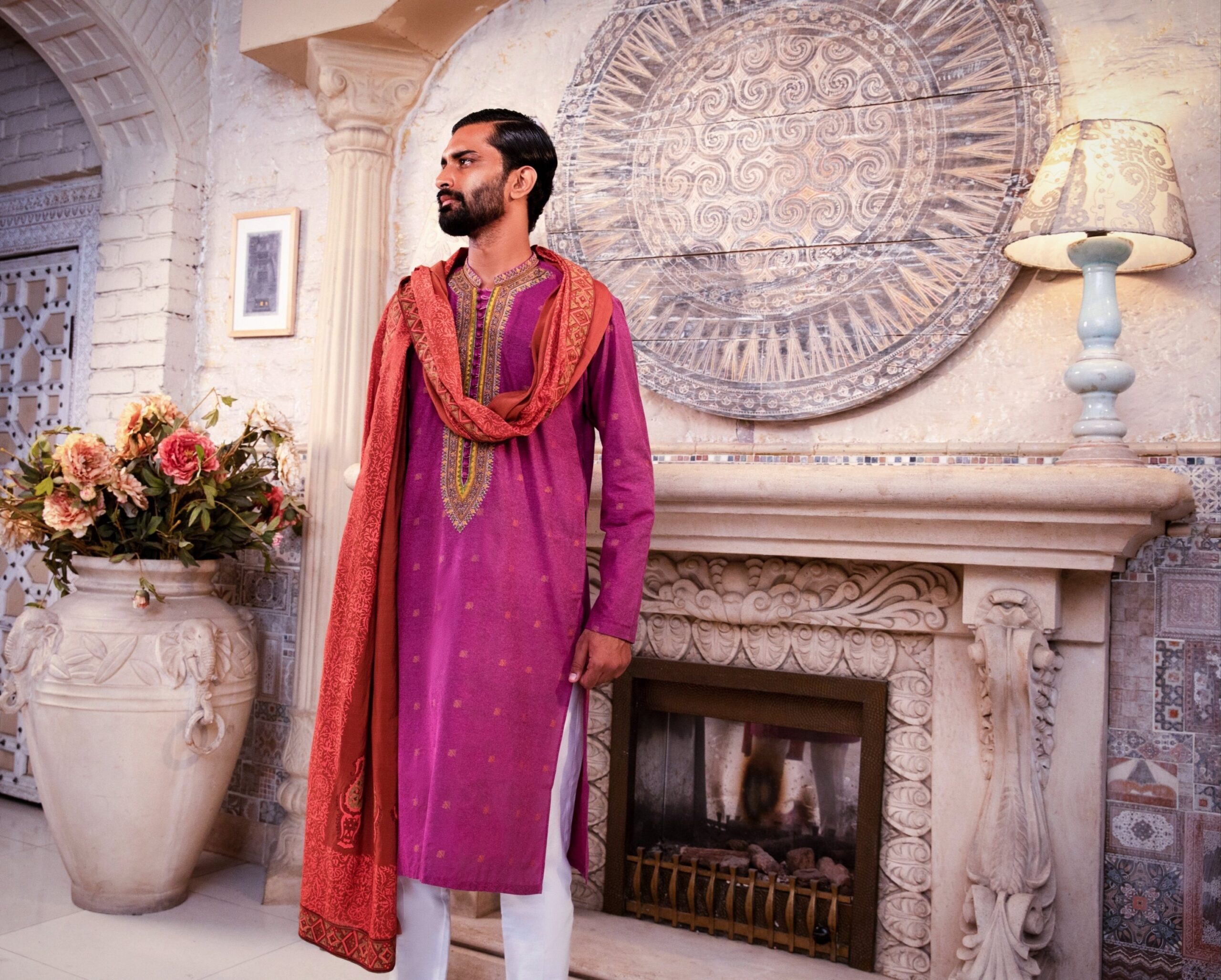 Purple Embroidered Silk-Blend Men’s Kurta (2-Piece) - Image 2