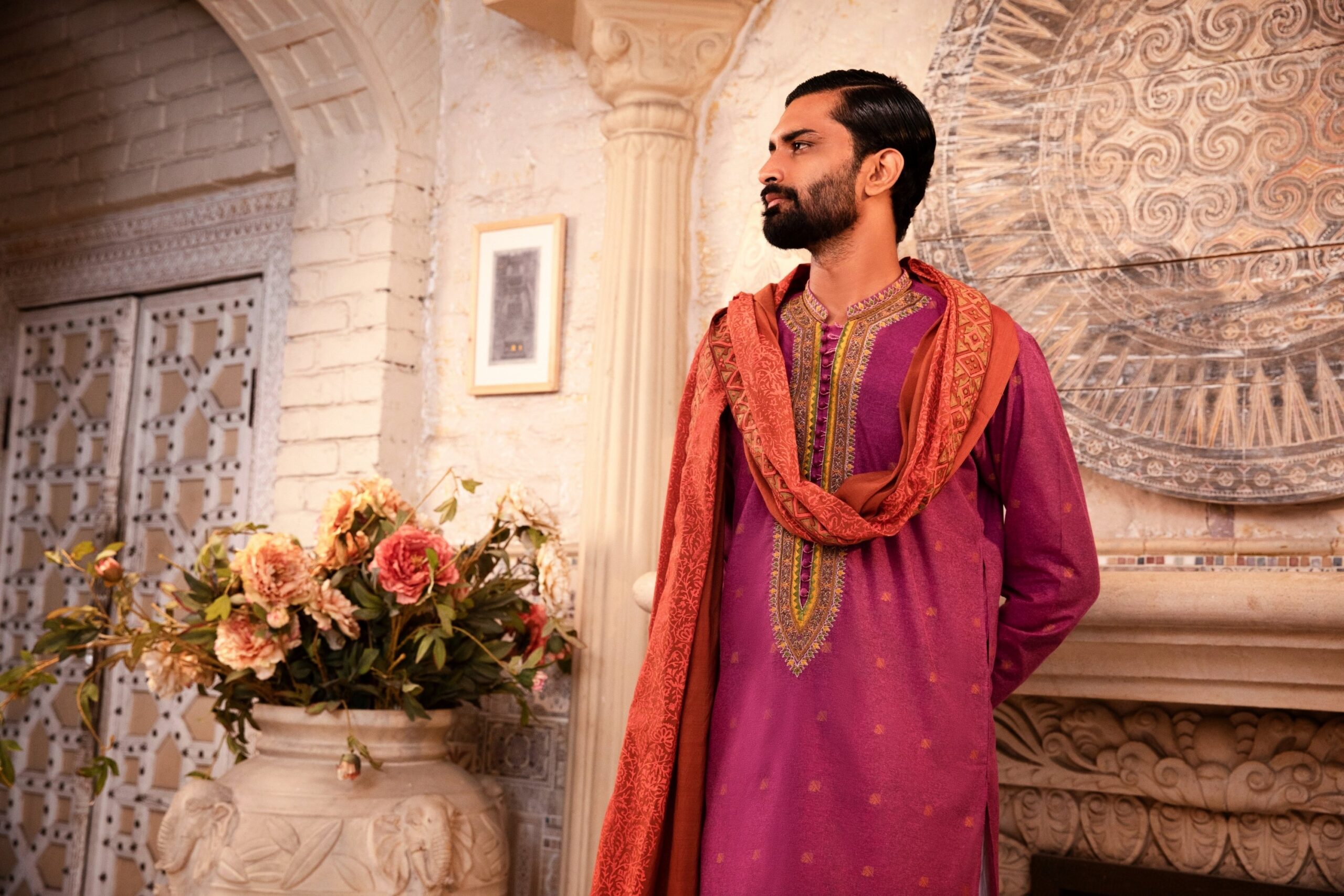 Purple Embroidered Silk-Blend Men’s Kurta (2-Piece) - Image 3