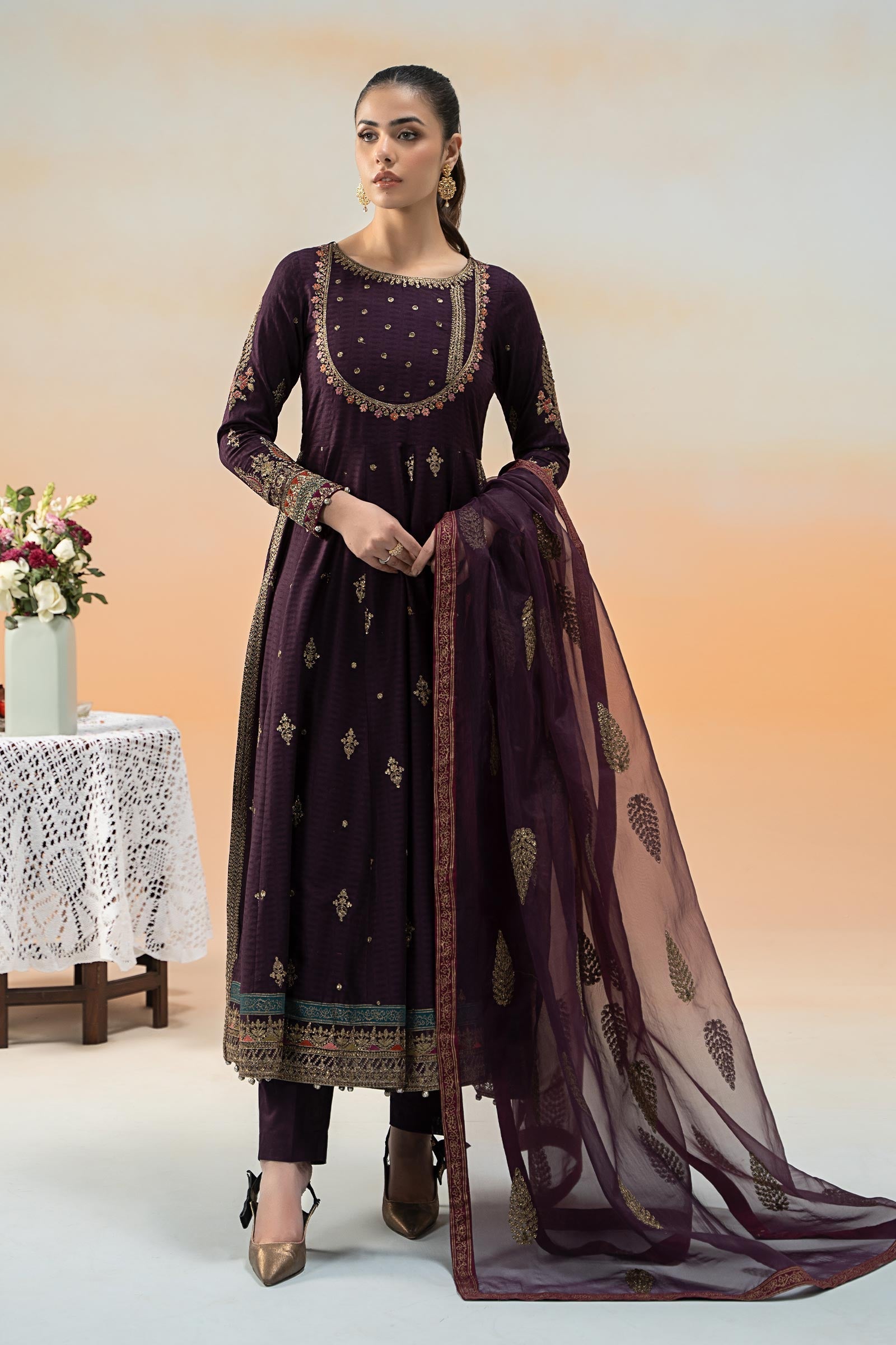 Purple Embroidered Dobby Lawn Frock Suit (3-Piece) - Image 1