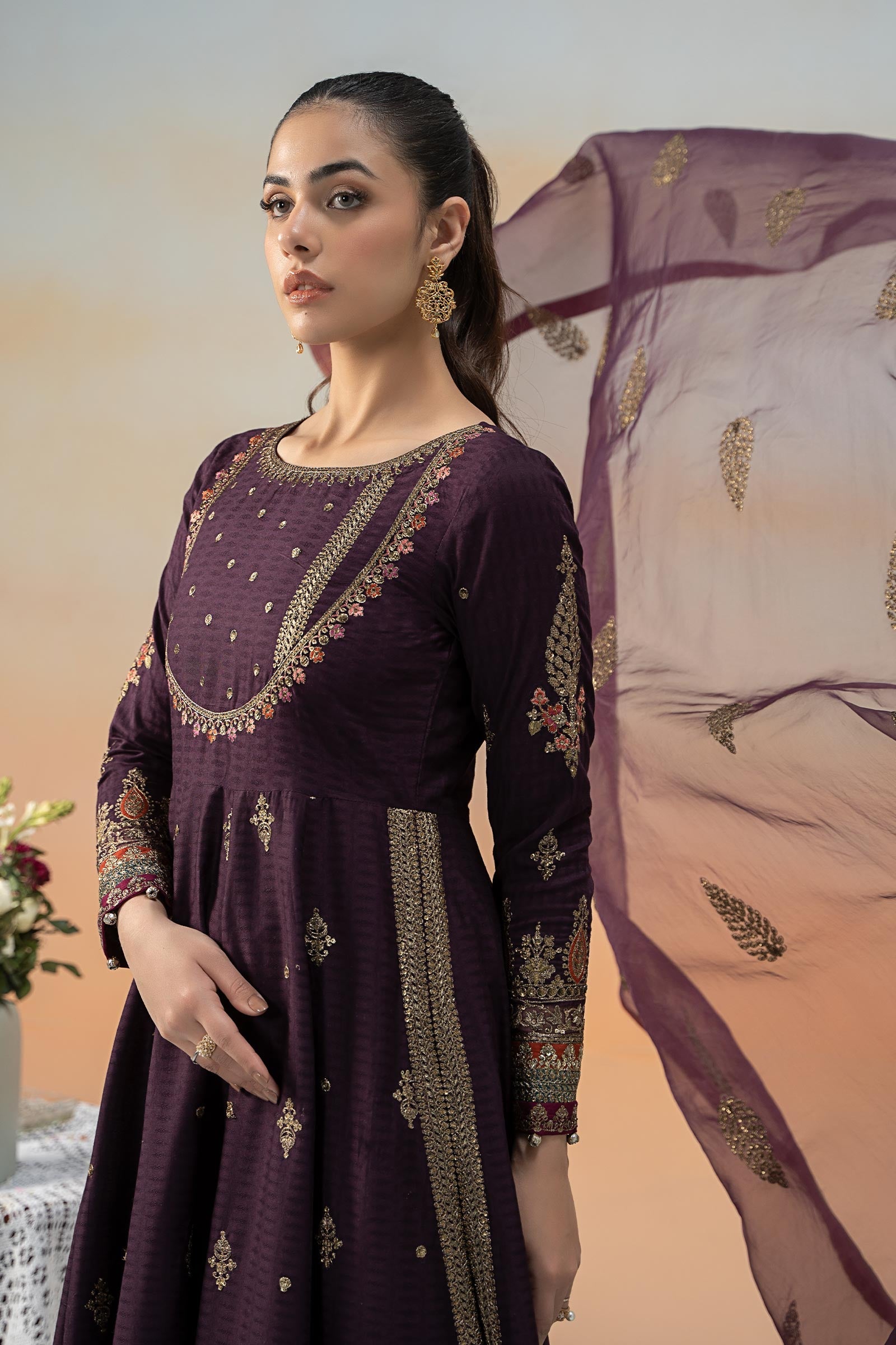 Purple Embroidered Dobby Lawn Frock Suit (3-Piece) - Image 2