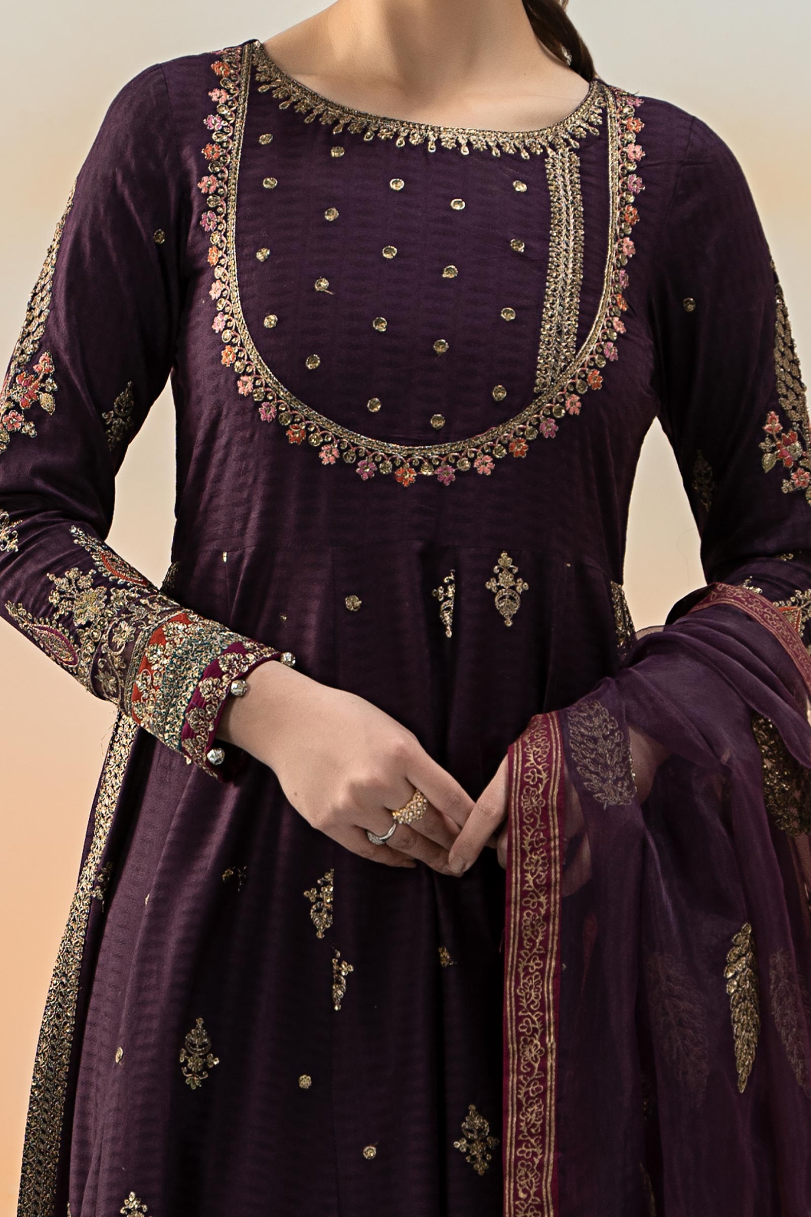 Purple Embroidered Dobby Lawn Frock Suit (3-Piece) - Image 3