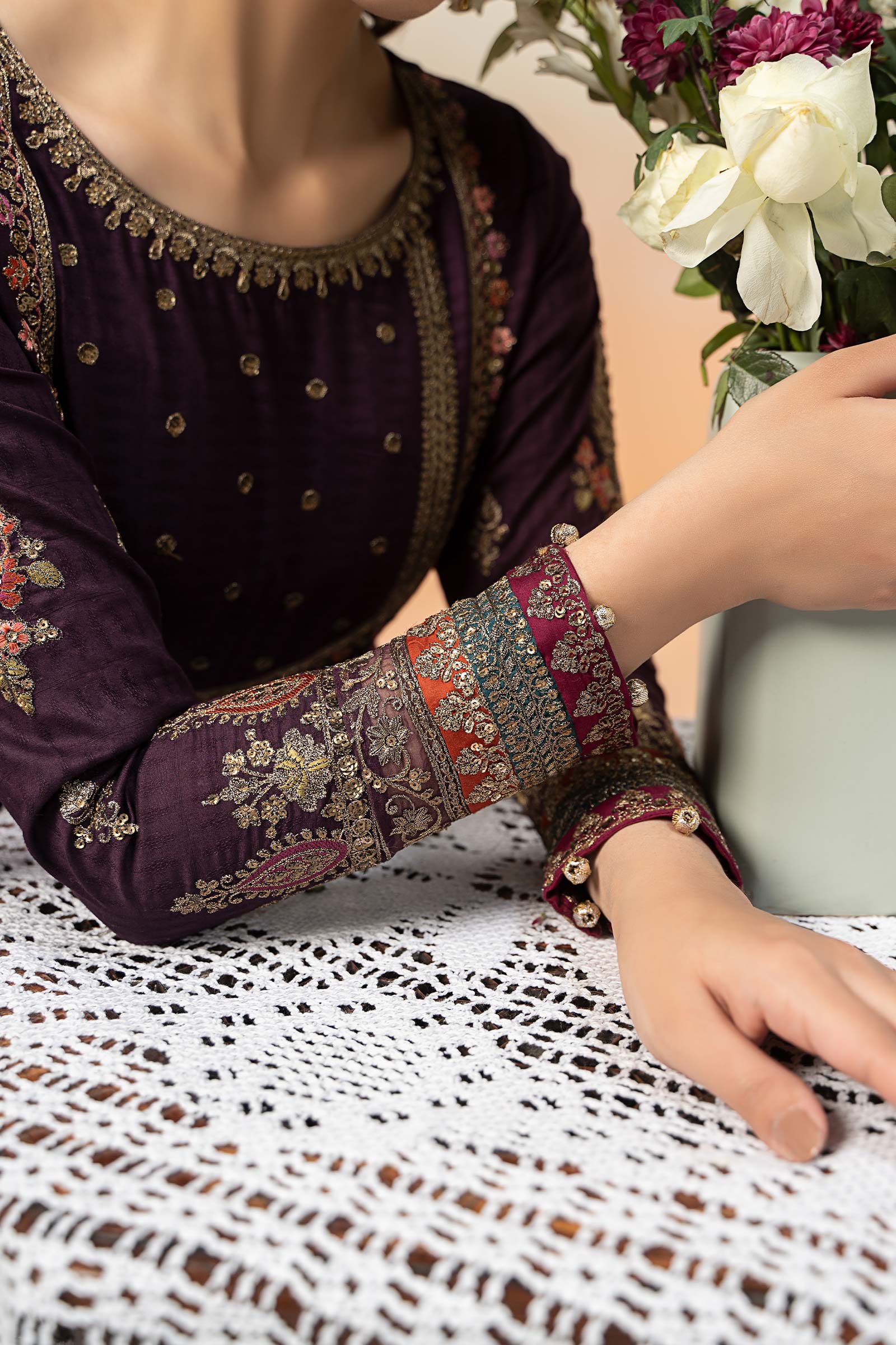 Purple Embroidered Dobby Lawn Frock Suit (3-Piece) - Image 4