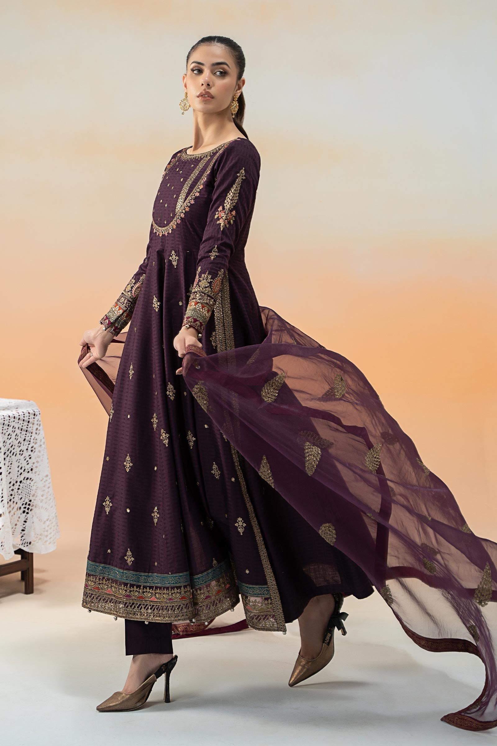 Purple Embroidered Dobby Lawn Frock Suit (3-Piece) - Image 6