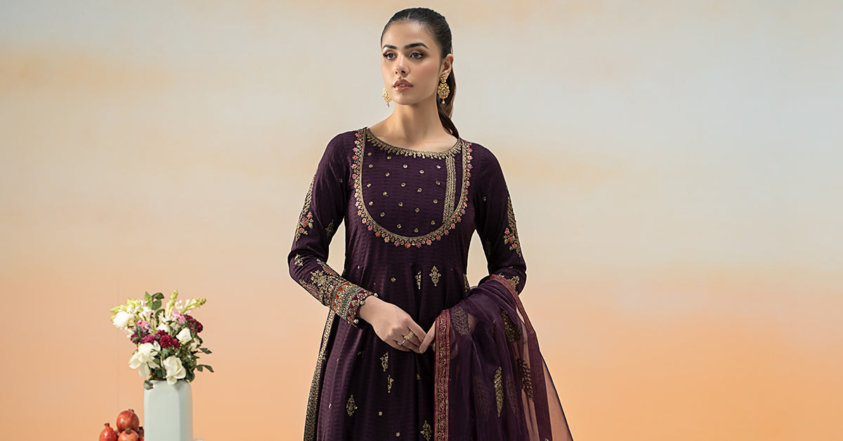 Purple Embroidered Dobby Lawn Frock Suit (3-Piece) - Image 8