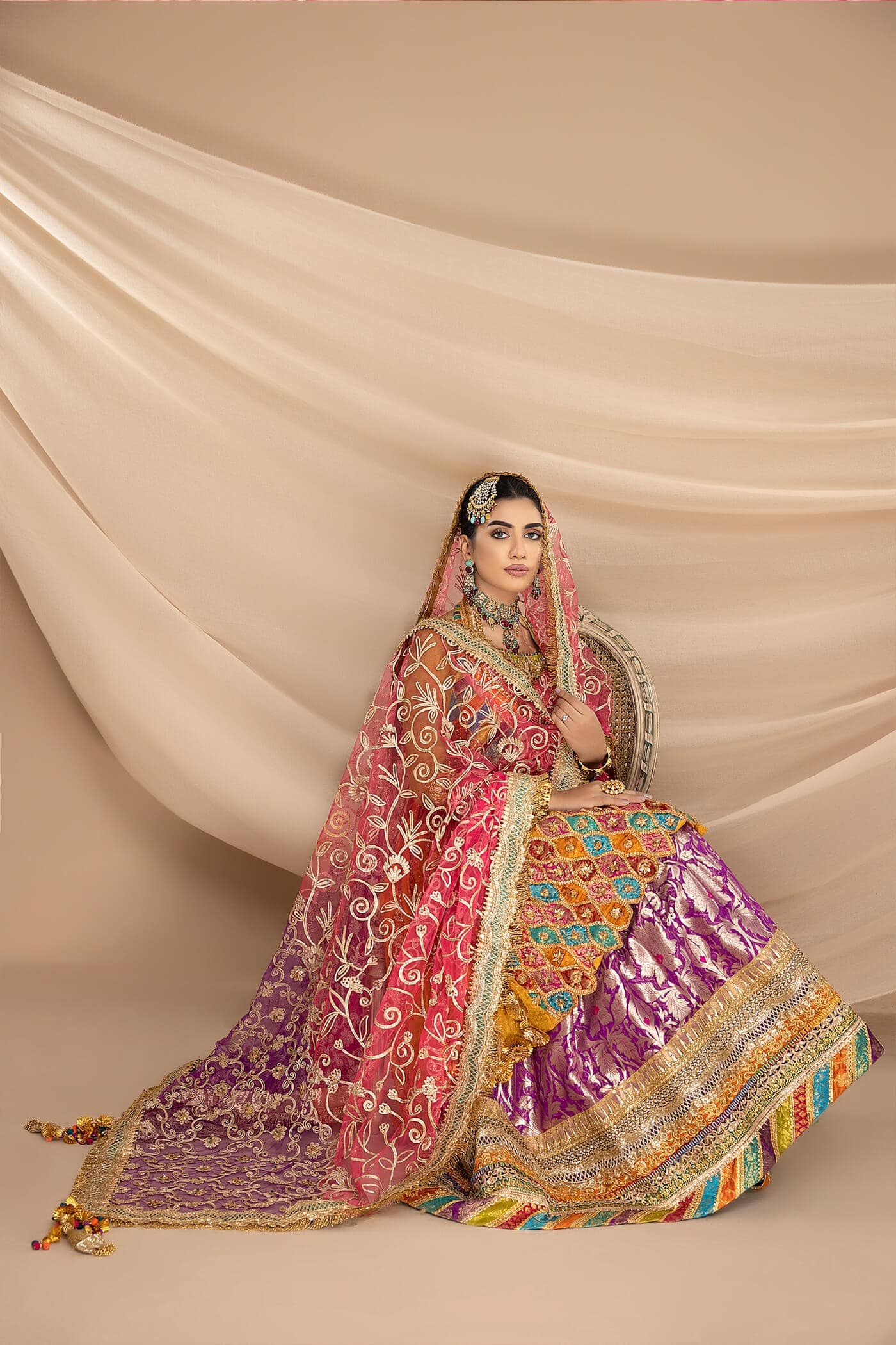 Pakistani Multi-Colour Gota Embroidered Chiffon & Kimkhaab Gharara (3-Piece) - Image 2